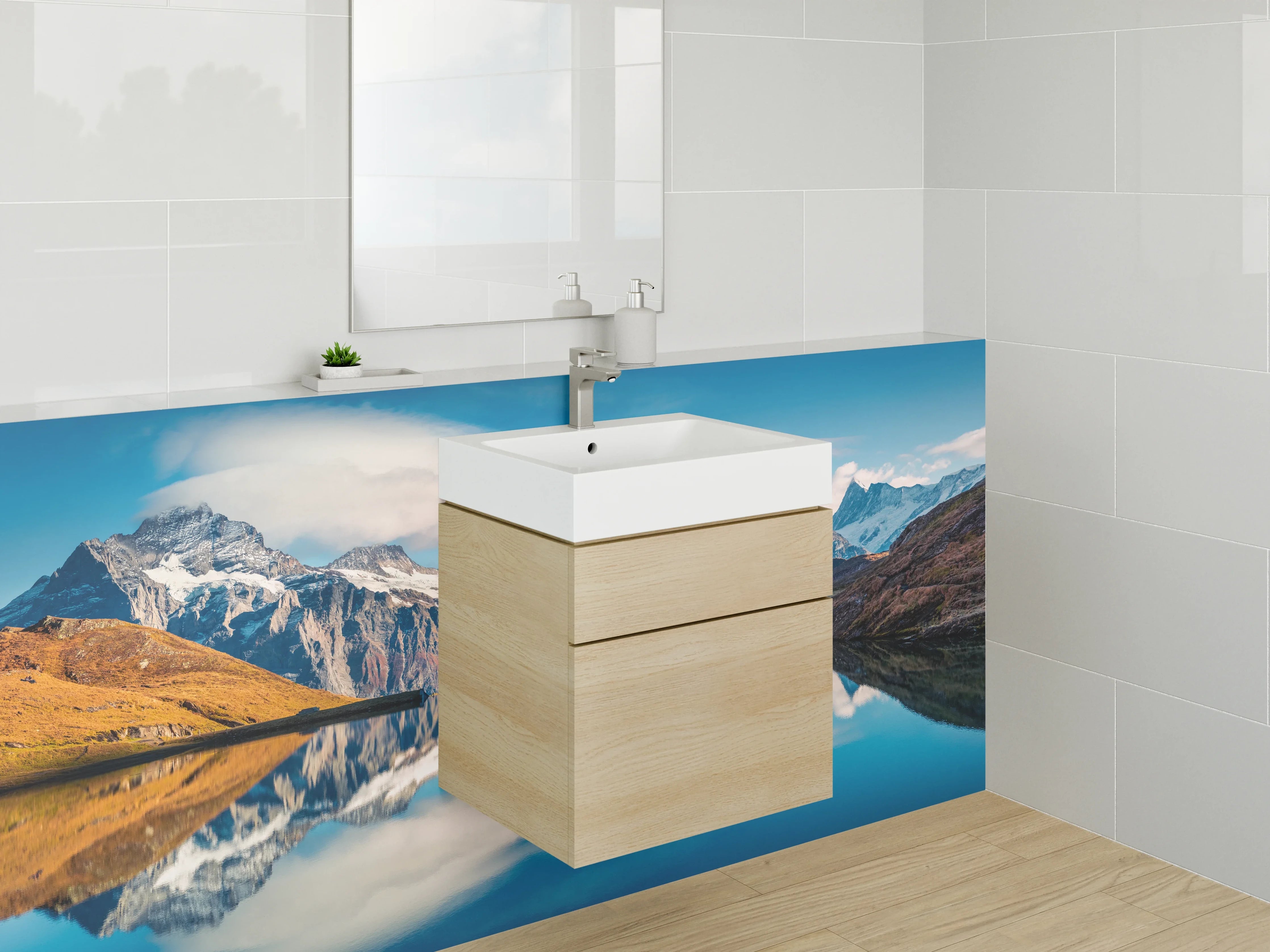 Waschbecken-Rückwand - Majestätische Bergwelt und spiegelnder See