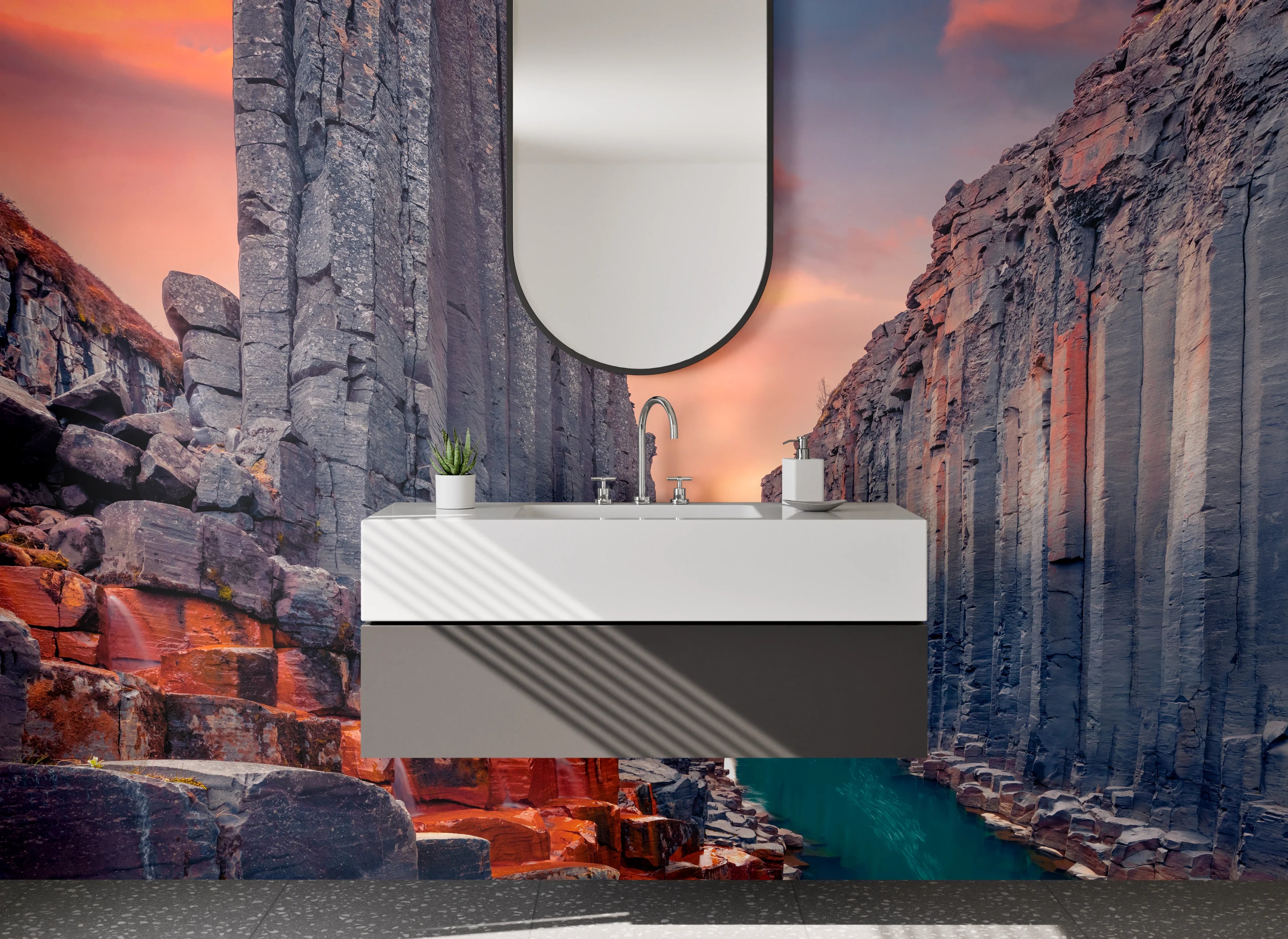Waschbecken-Rückwand - Majestätische Felsformationen bei Sonnenuntergang