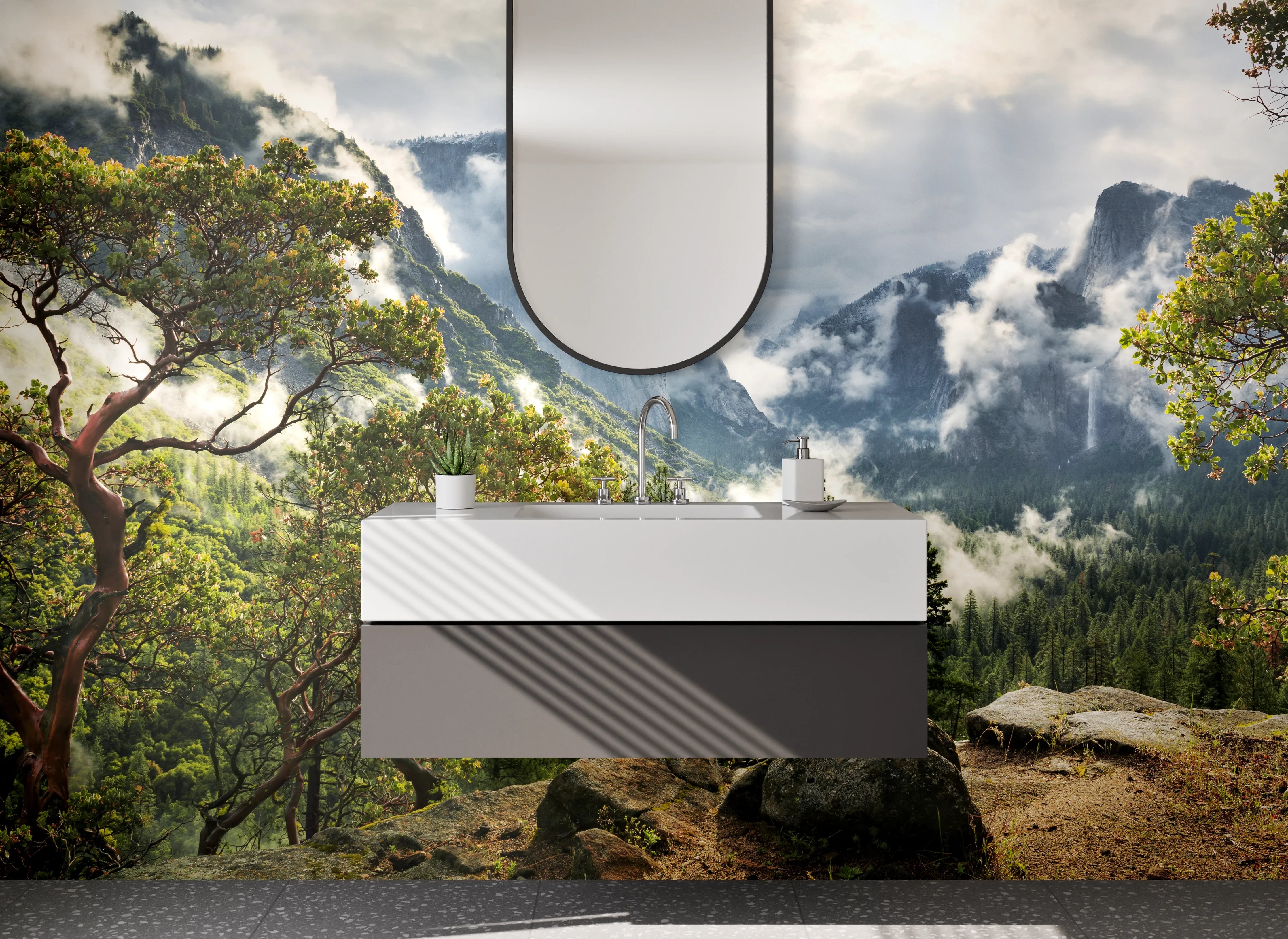 Waschbecken-Rückwand - Majestätische Gipfel und grüne Wälder