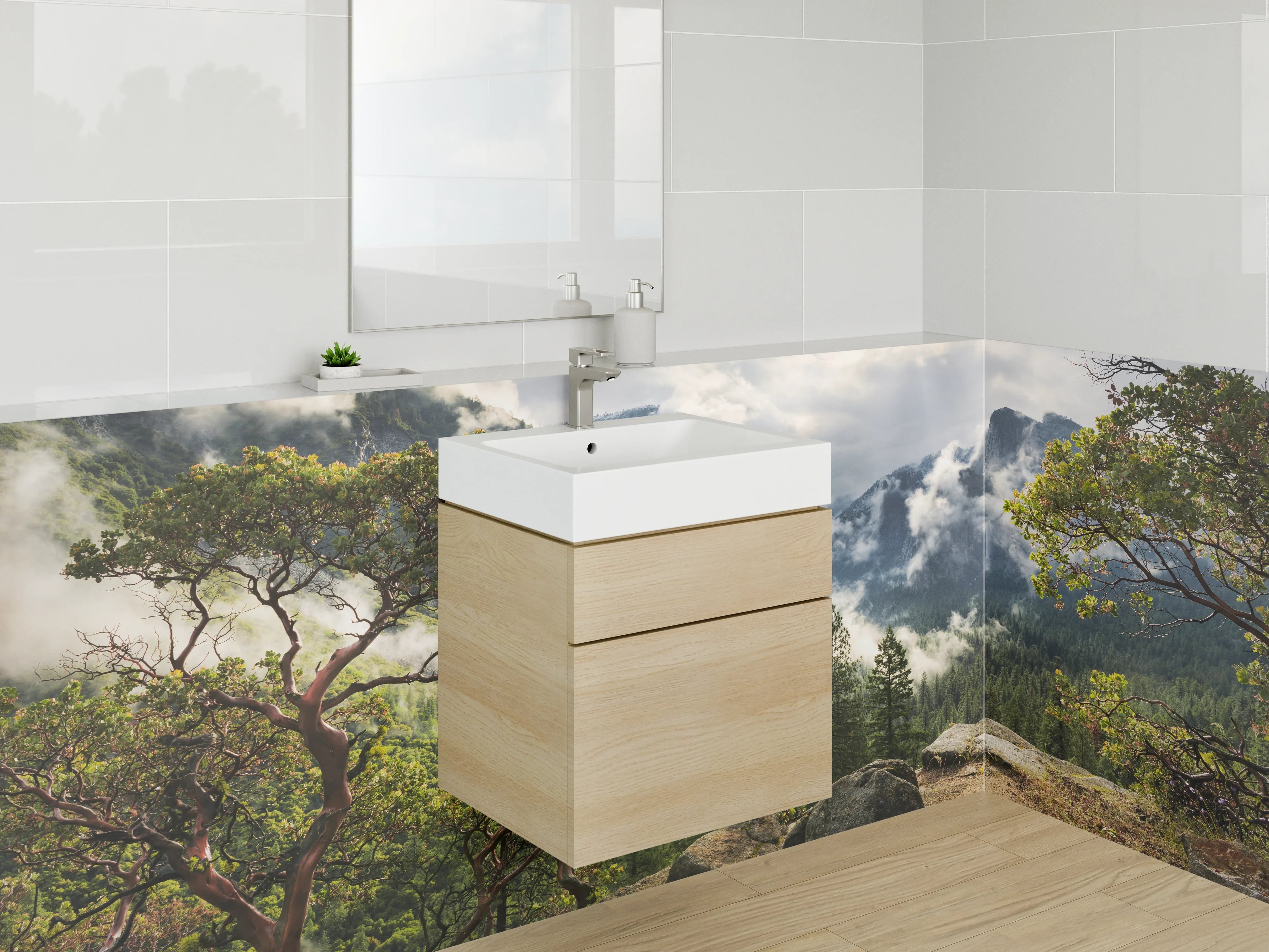 Waschbecken-Rückwand - Majestätische Gipfel und grüne Wälder