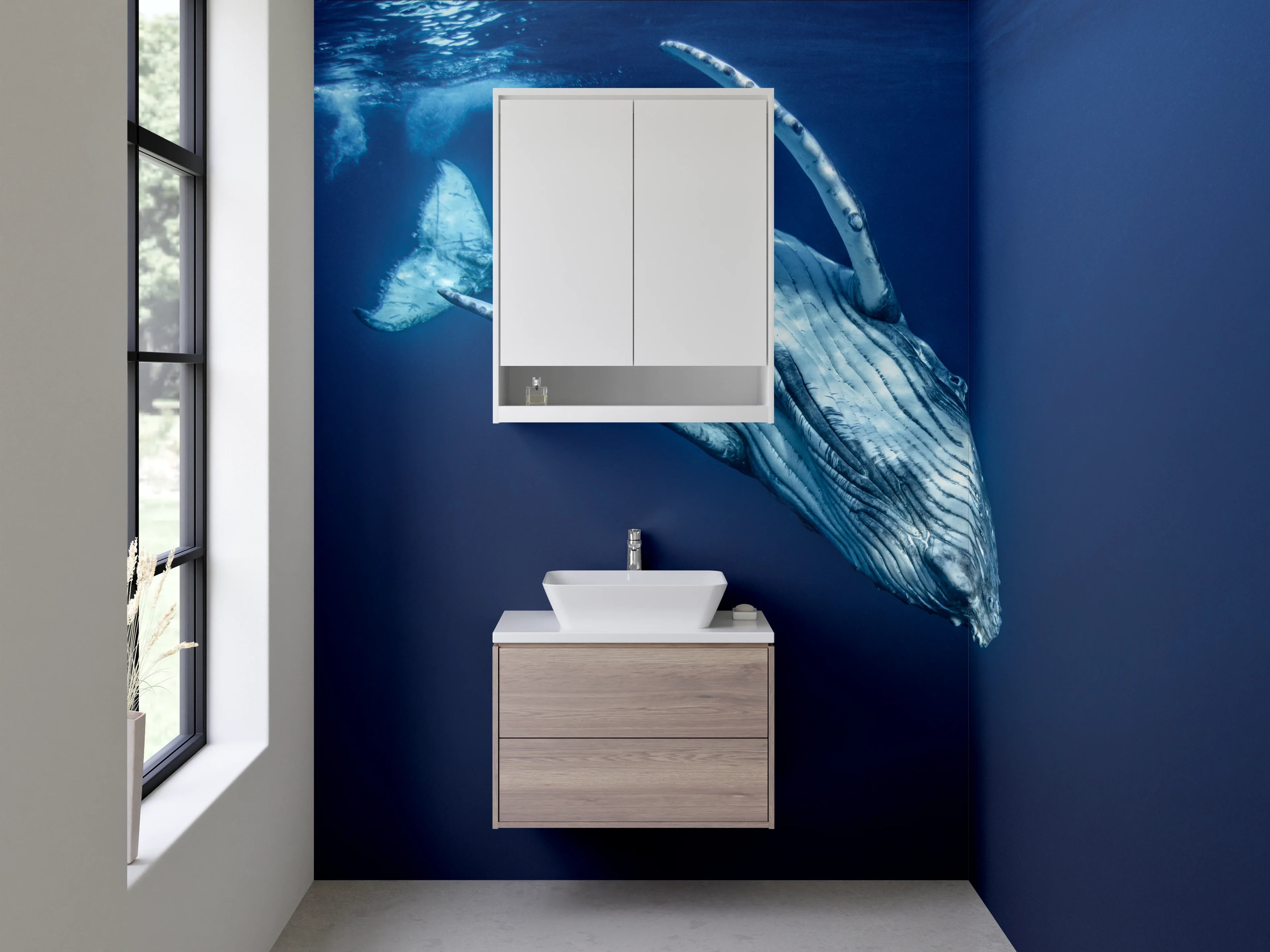 Waschbecken-Rückwand - Majestätischer Blauwal in tiefem Blau