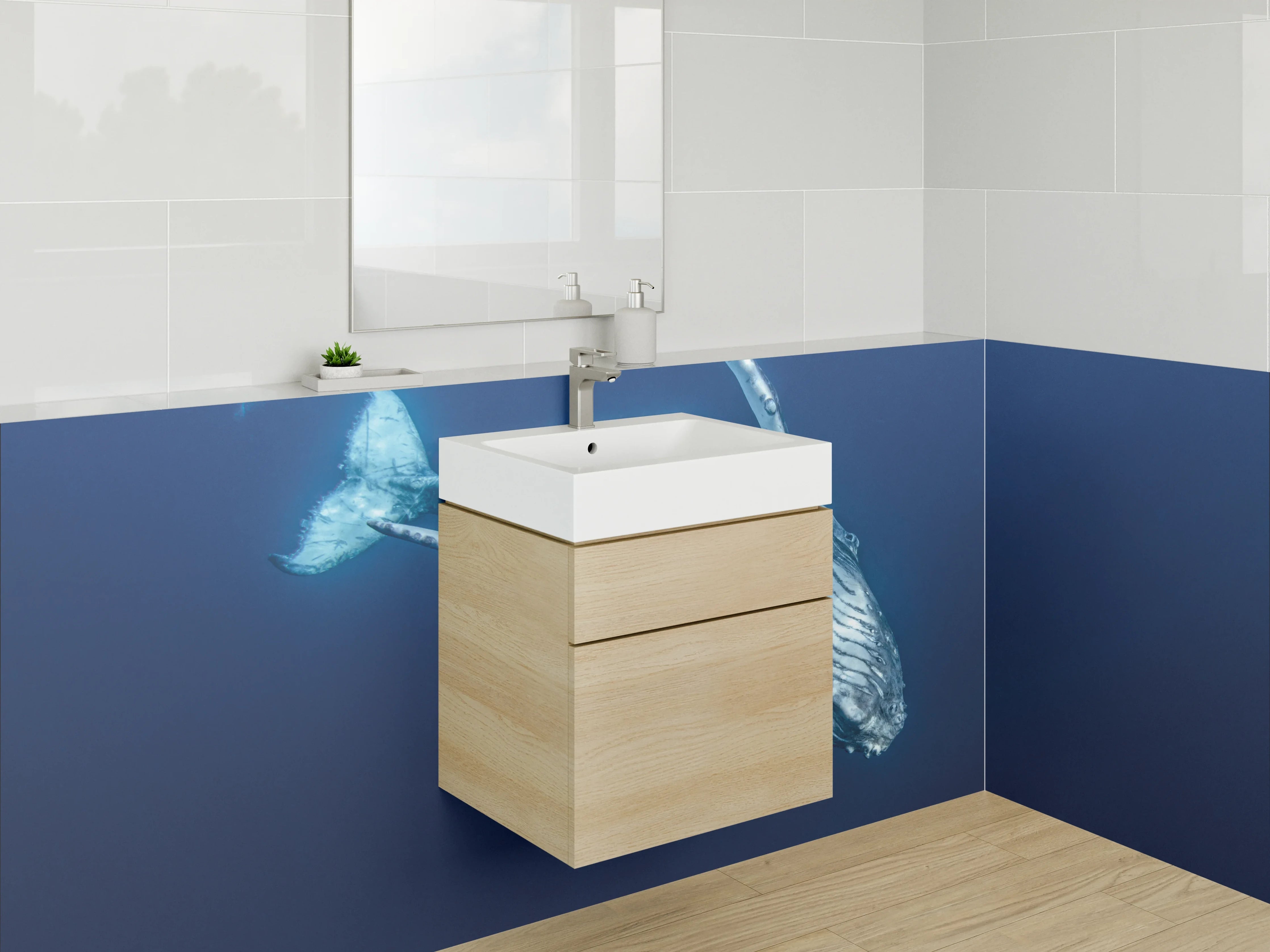 Waschbecken-Rückwand - Majestätischer Blauwal in tiefem Blau