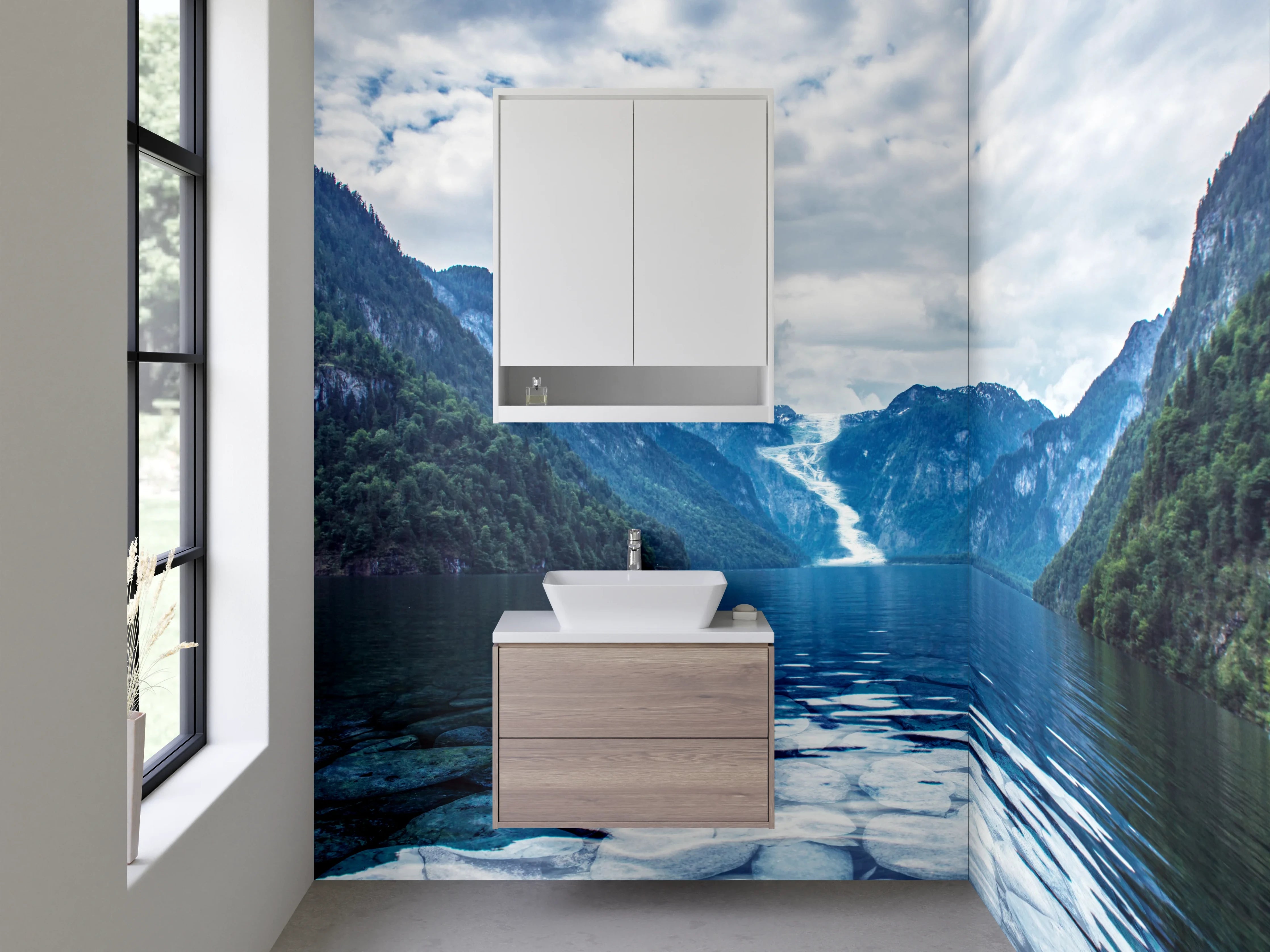 Waschbecken-Rückwand - Majestätischer Fjord mit schneebedeckten Bergen