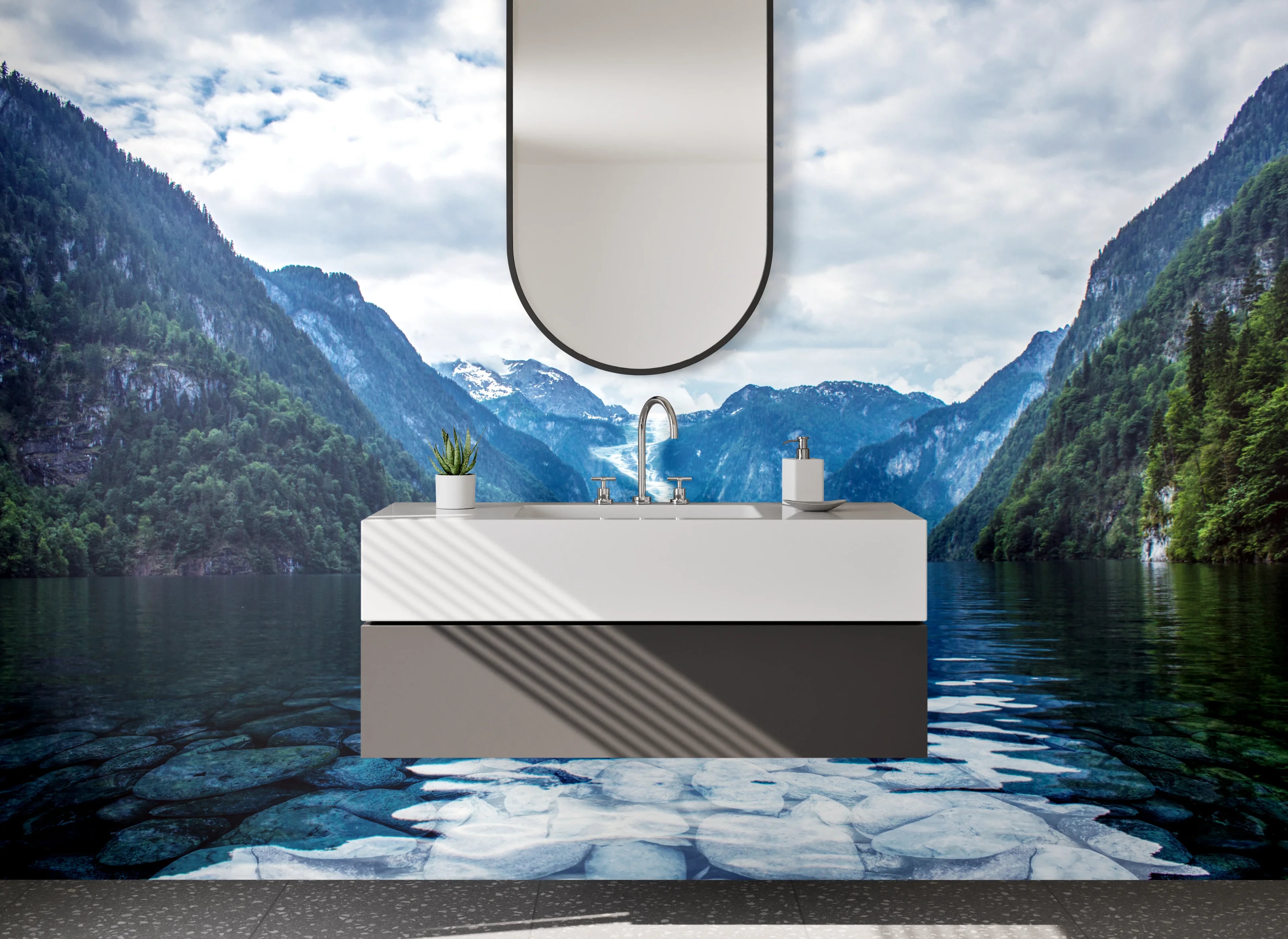 Waschbecken-Rückwand - Majestätischer Fjord mit schneebedeckten Bergen