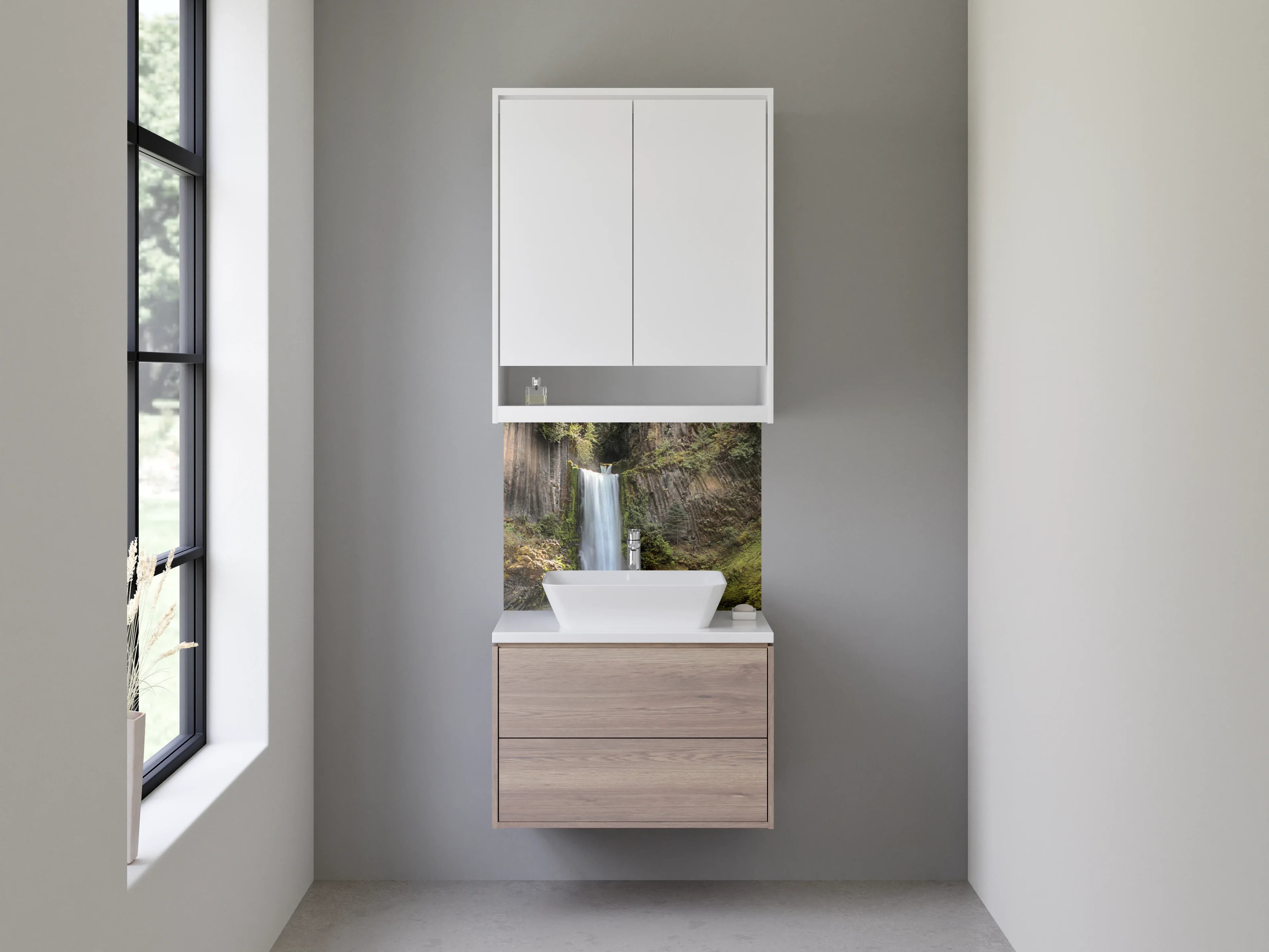 Waschbecken-Rückwand - Majestätischer Wasserfall Wald Panorama