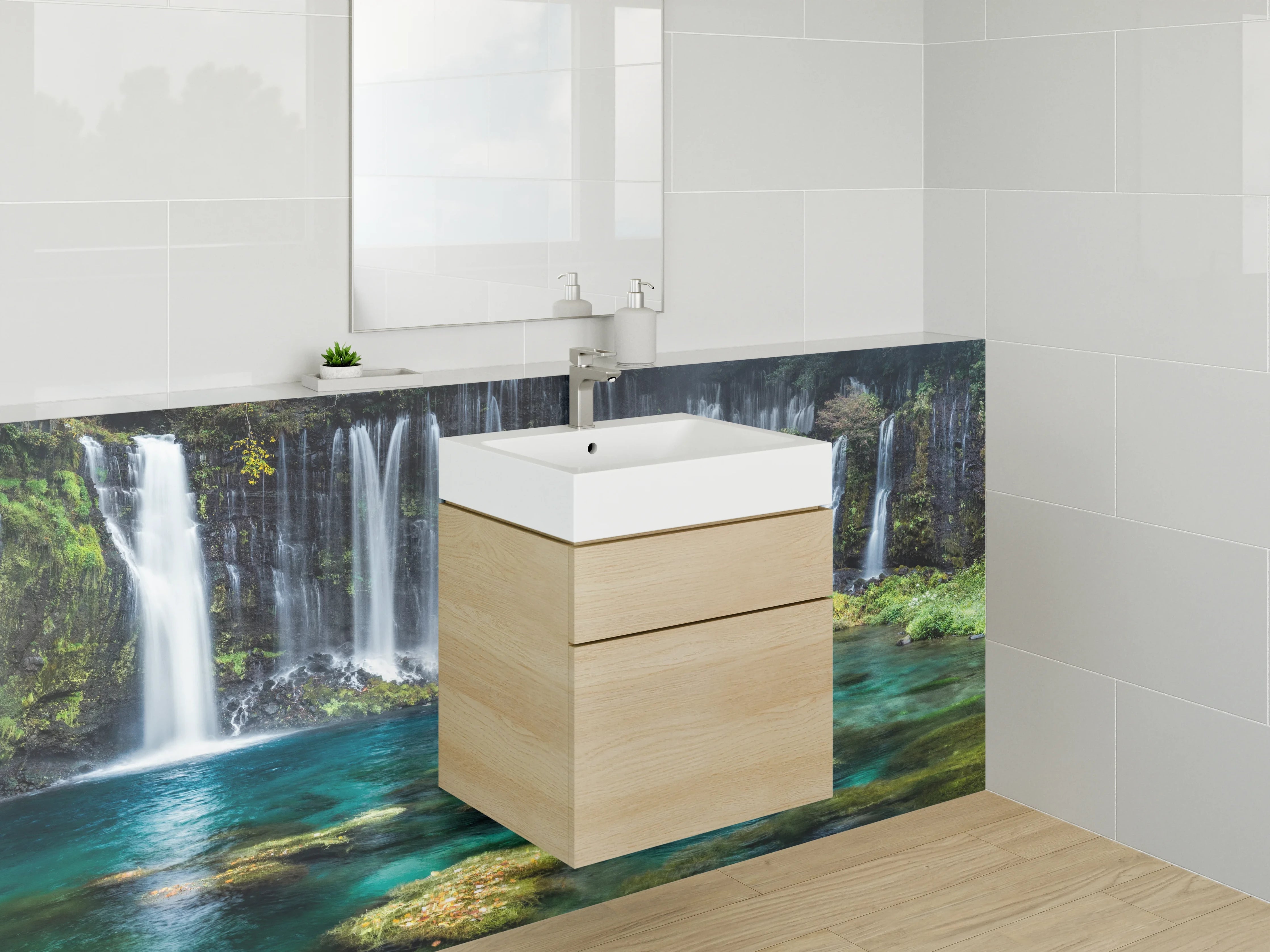 Waschbecken-Rückwand - Majestätischer Wasserfall am Waldrand
