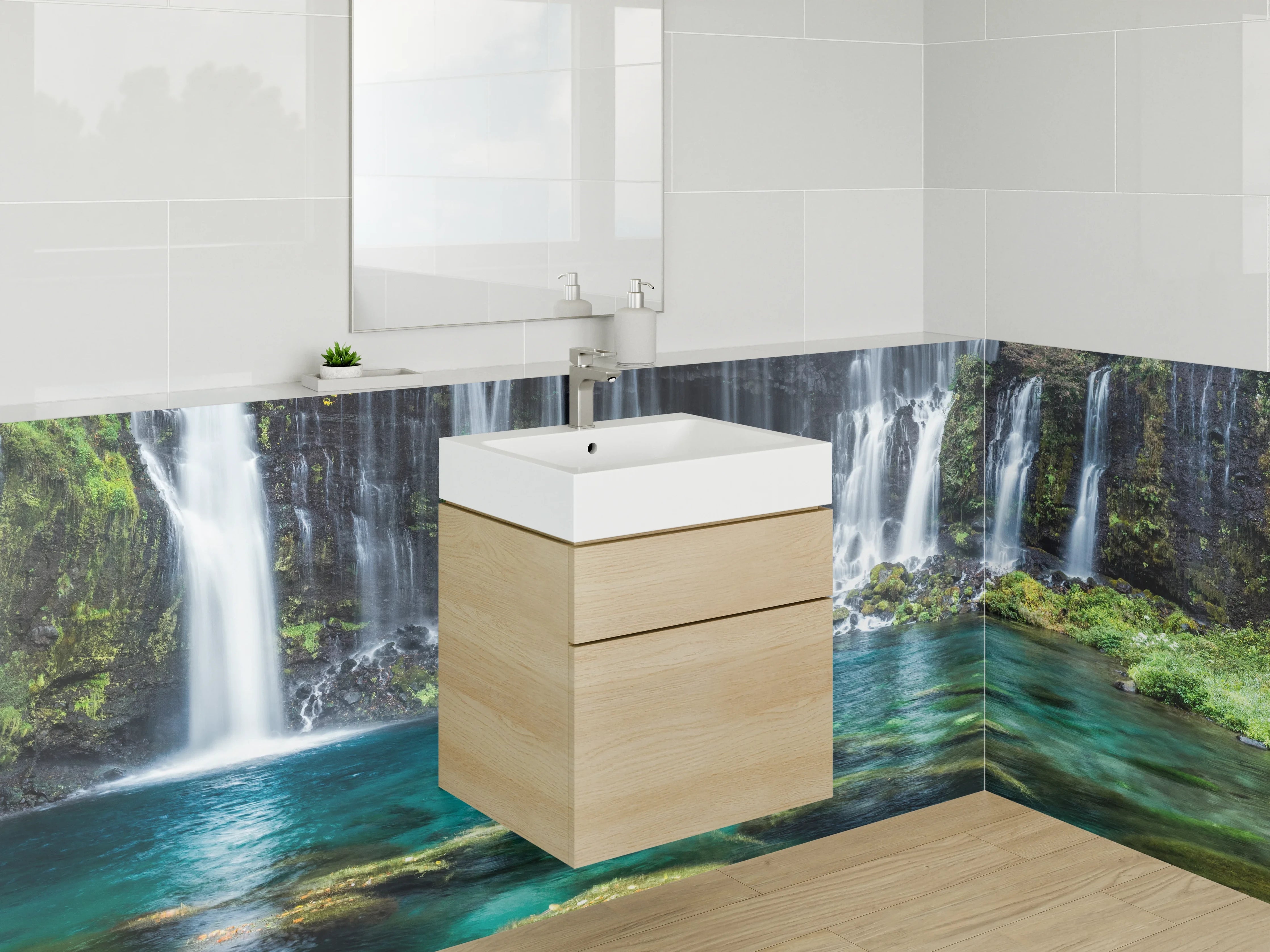 Waschbecken-Rückwand - Majestätischer Wasserfall am Waldrand
