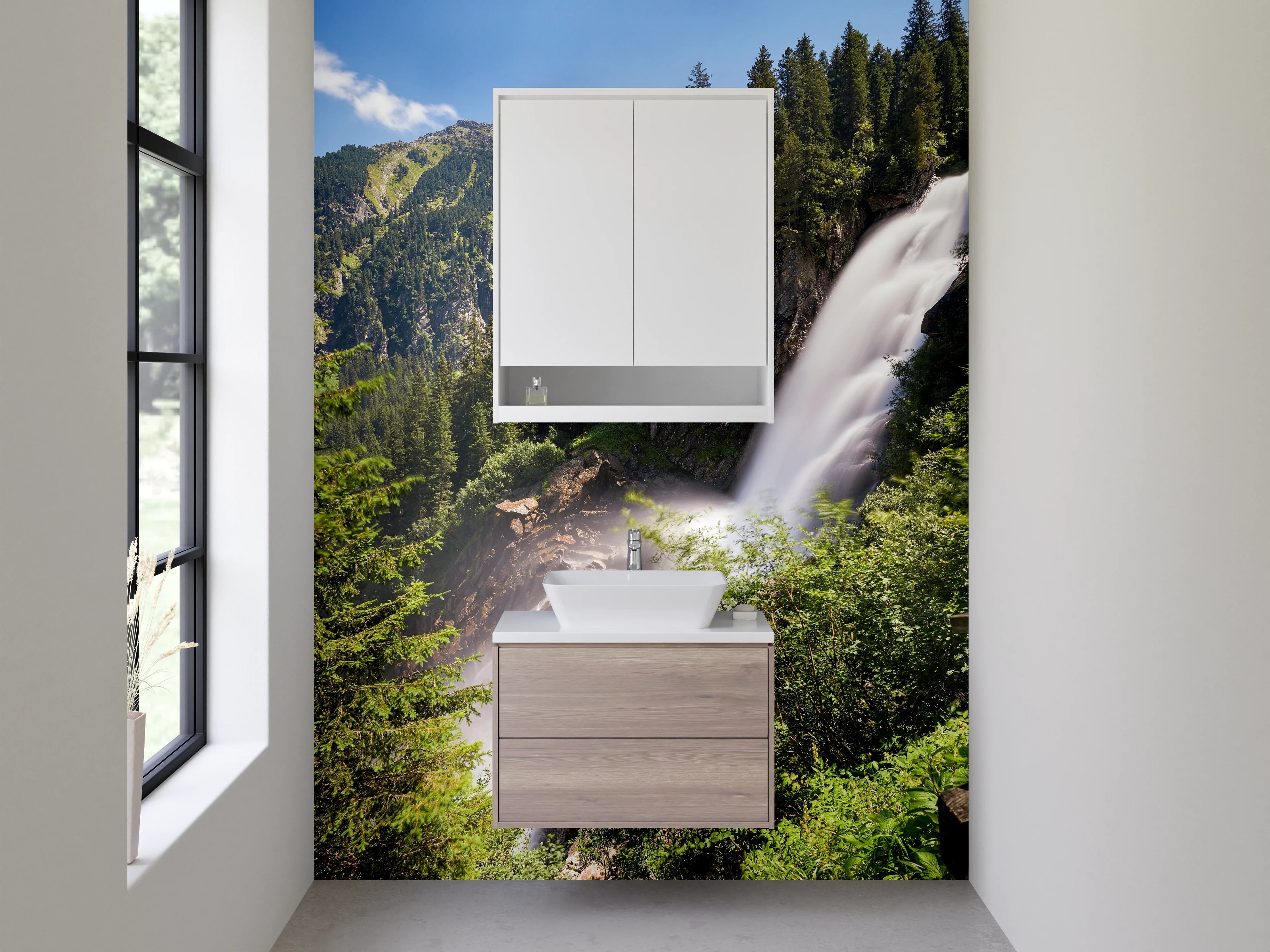 Waschbecken-Rückwand - Majestätischer Wasserfall im Gebirge