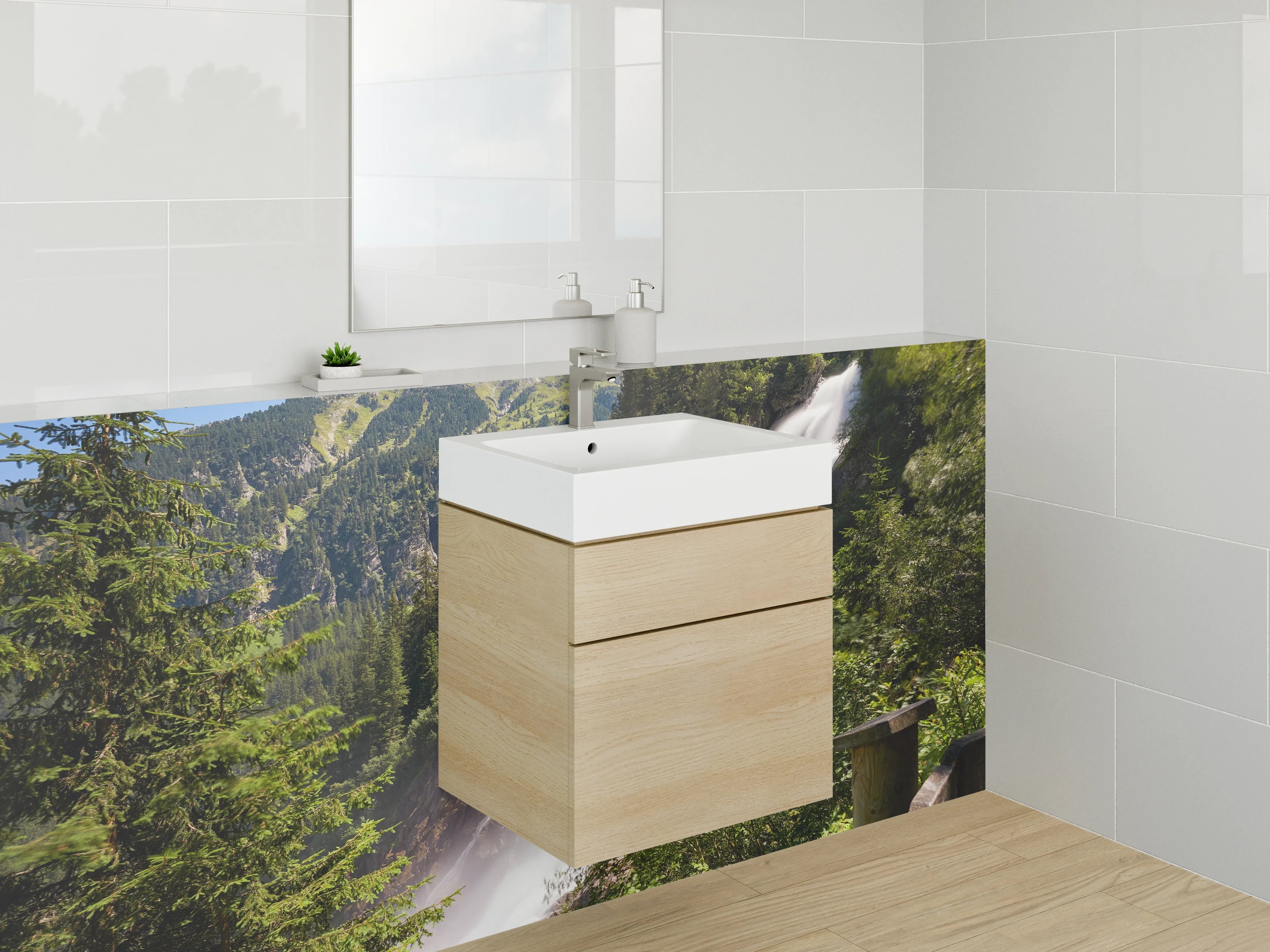 Waschbecken-Rückwand - Majestätischer Wasserfall im Gebirge
