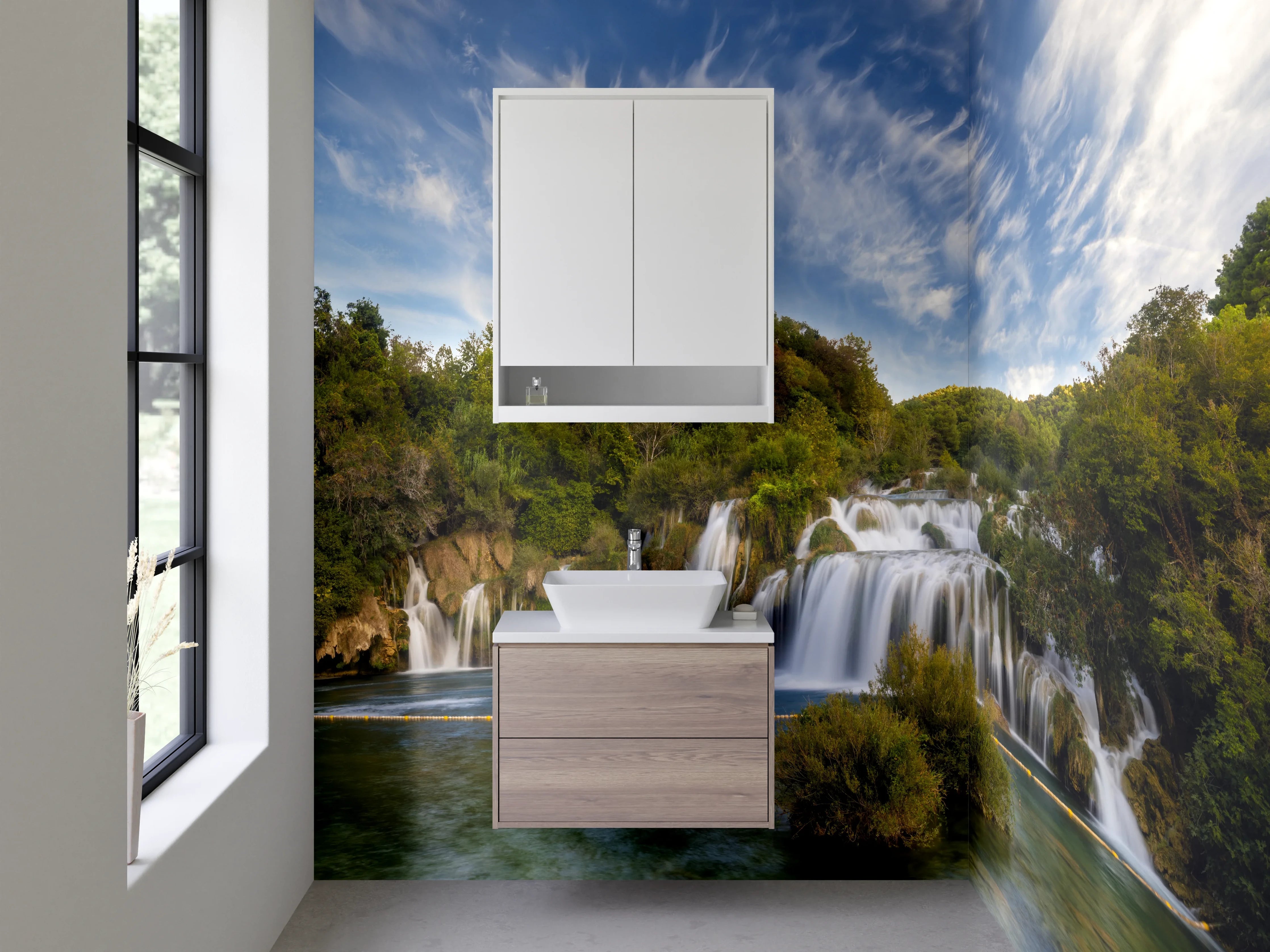 Waschbecken-Rückwand - Majestätischer Wasserfall im Sonnenlicht