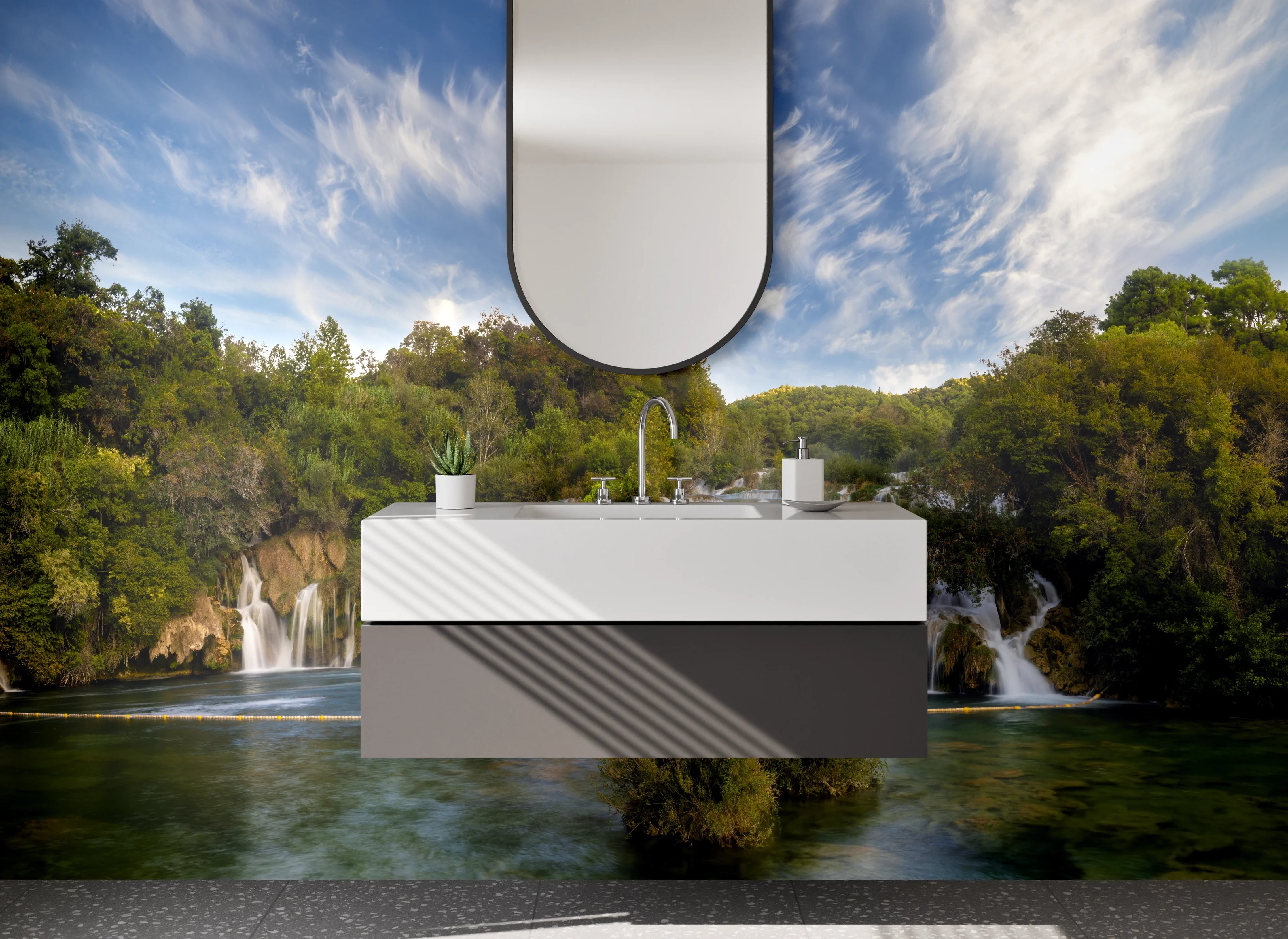 Waschbecken-Rückwand - Majestätischer Wasserfall im Sonnenlicht