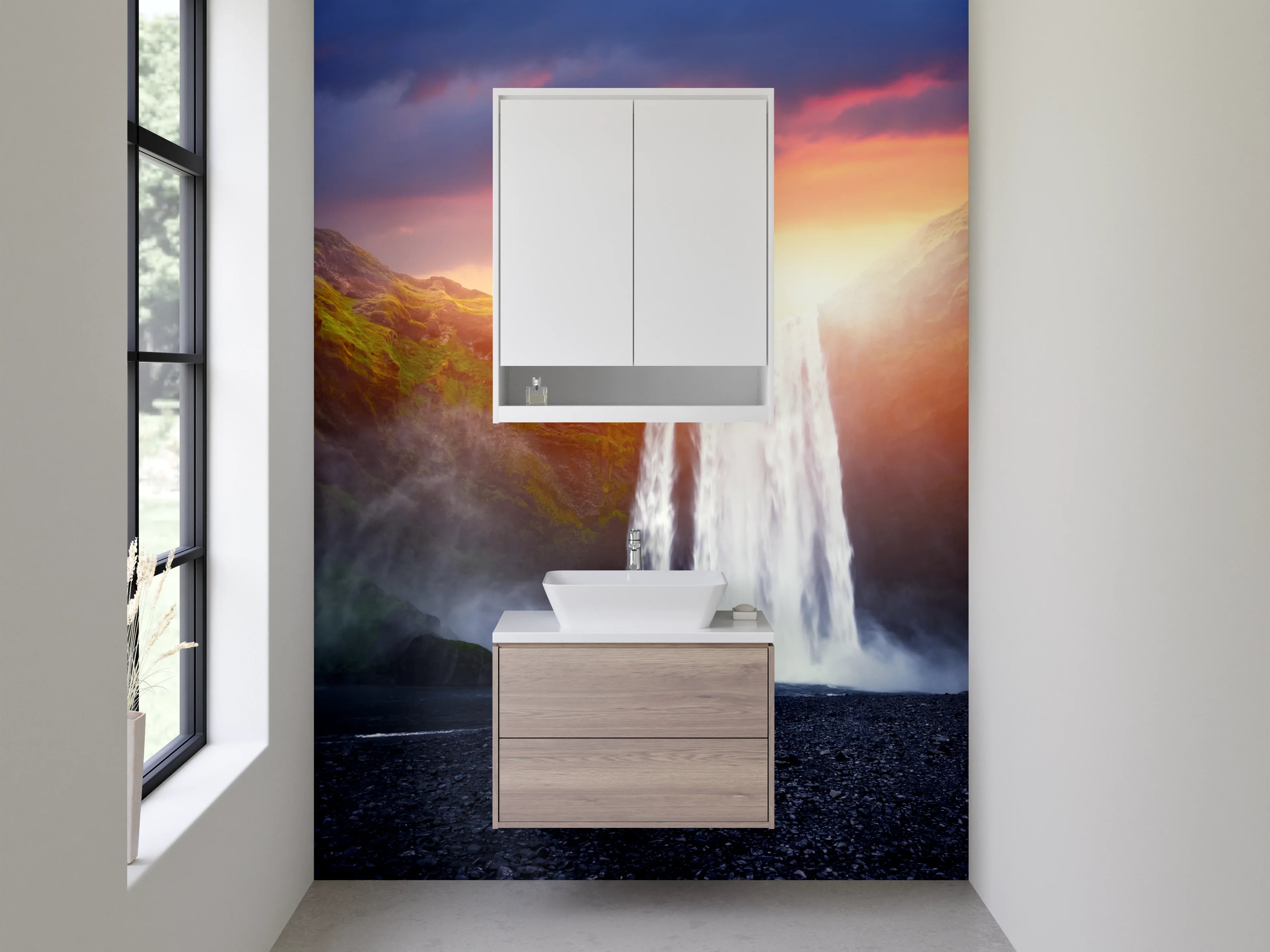 Waschbecken-Rückwand - Majestätischer Wasserfall im Sonnenuntergang