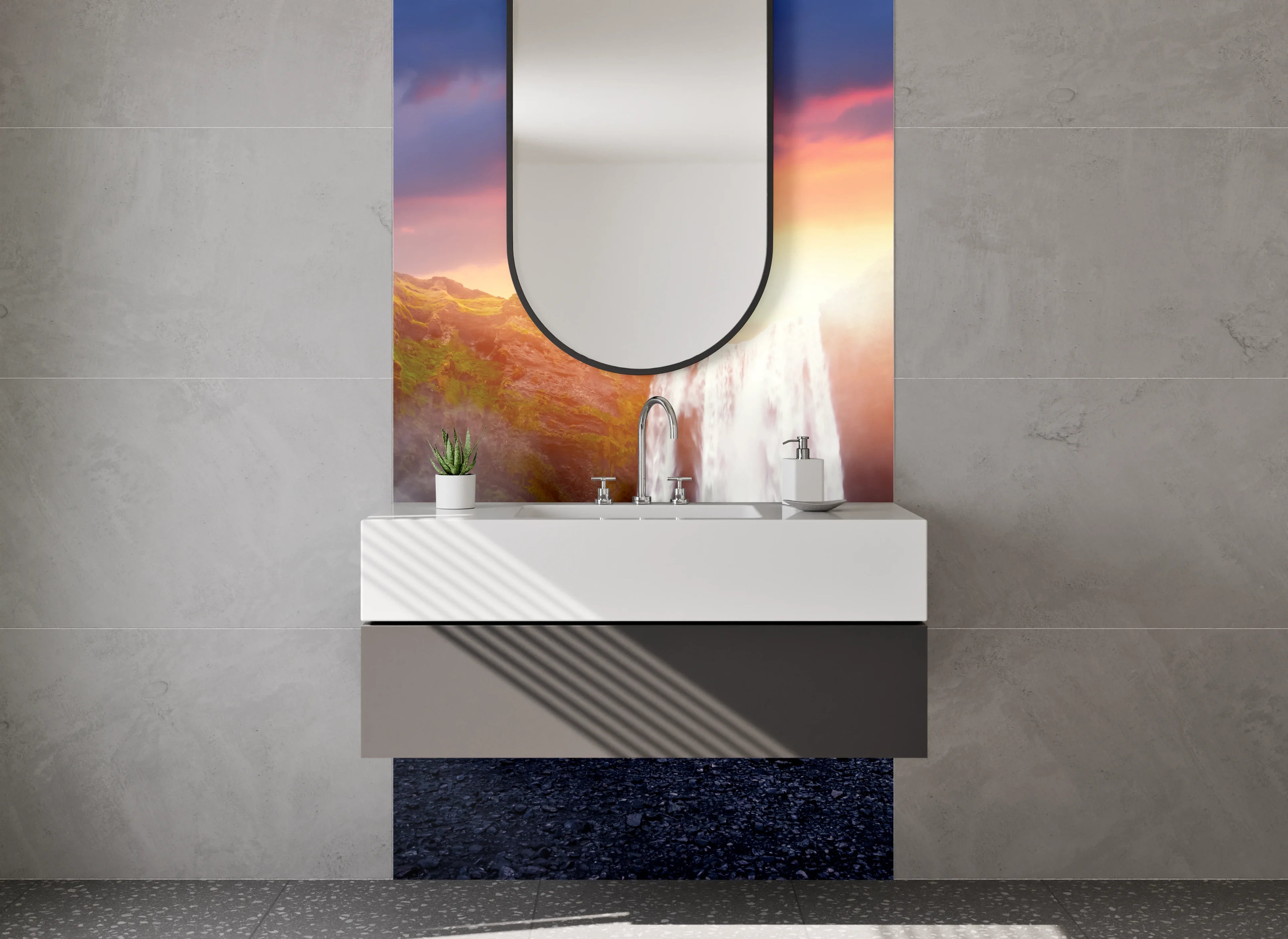 Waschbecken-Rückwand - Majestätischer Wasserfall im Sonnenuntergang