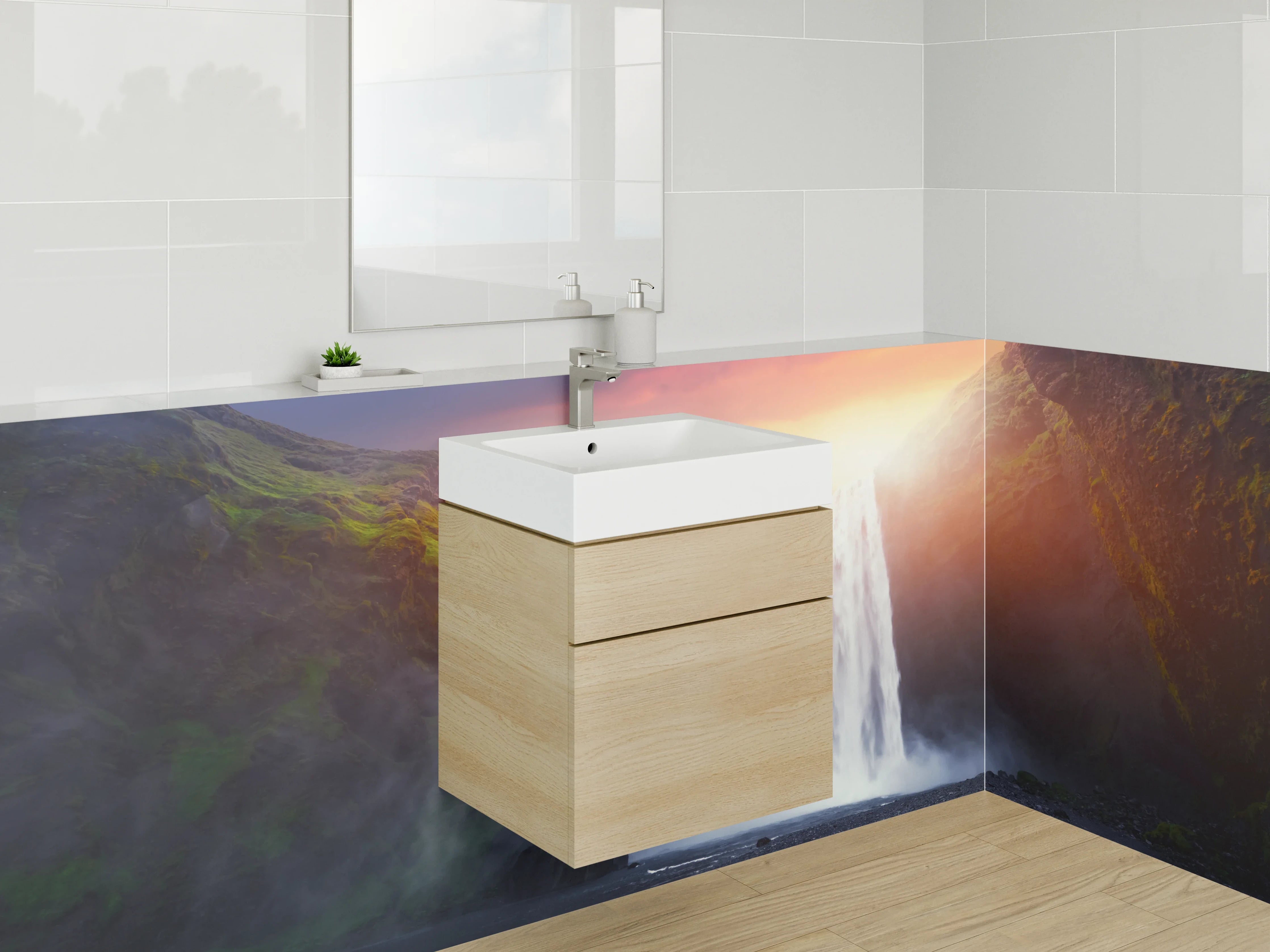 Waschbecken-Rückwand - Majestätischer Wasserfall im Sonnenuntergang