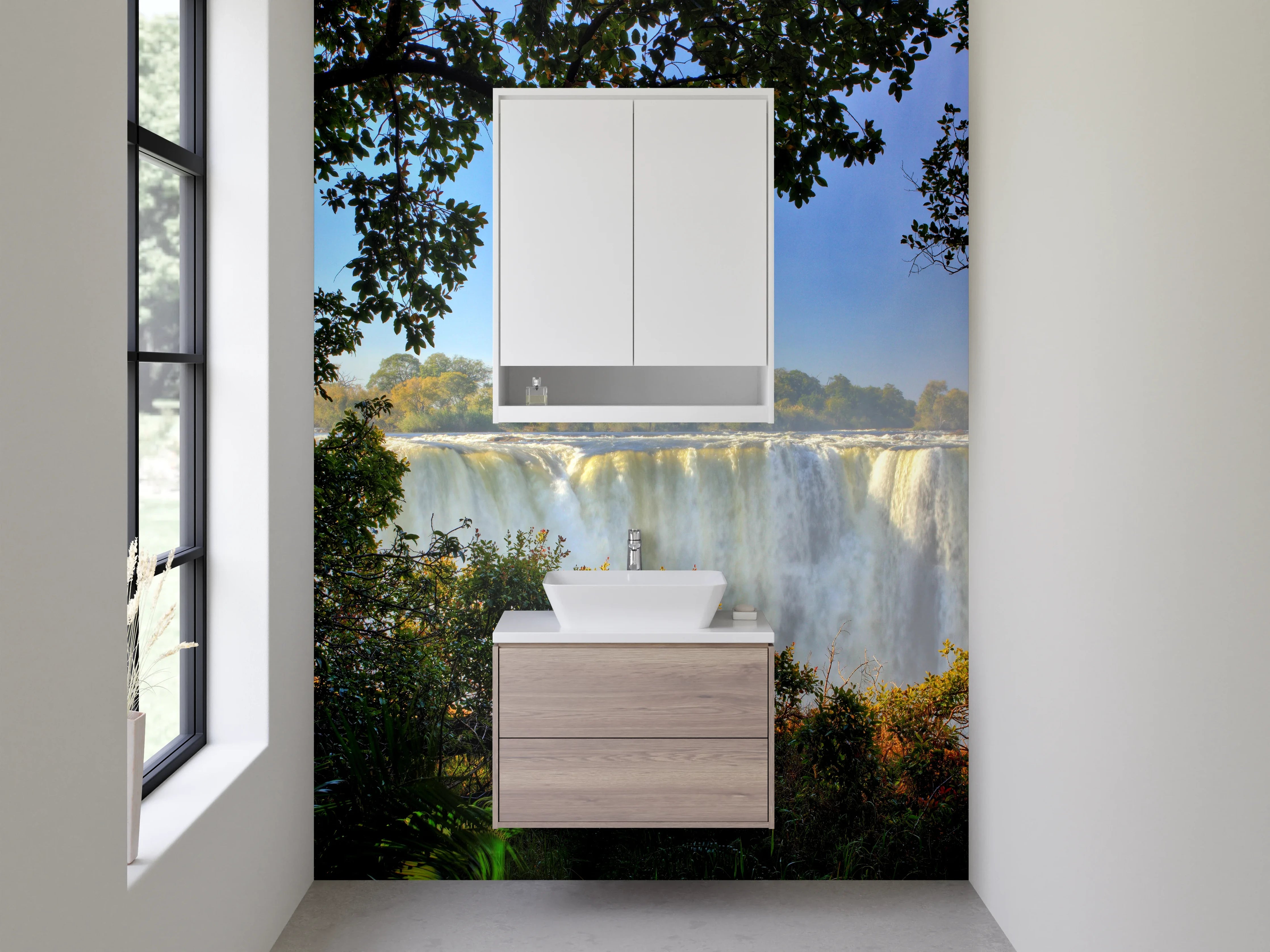 Waschbecken-Rückwand - Majestätischer Wasserfall mit Dschungelblick