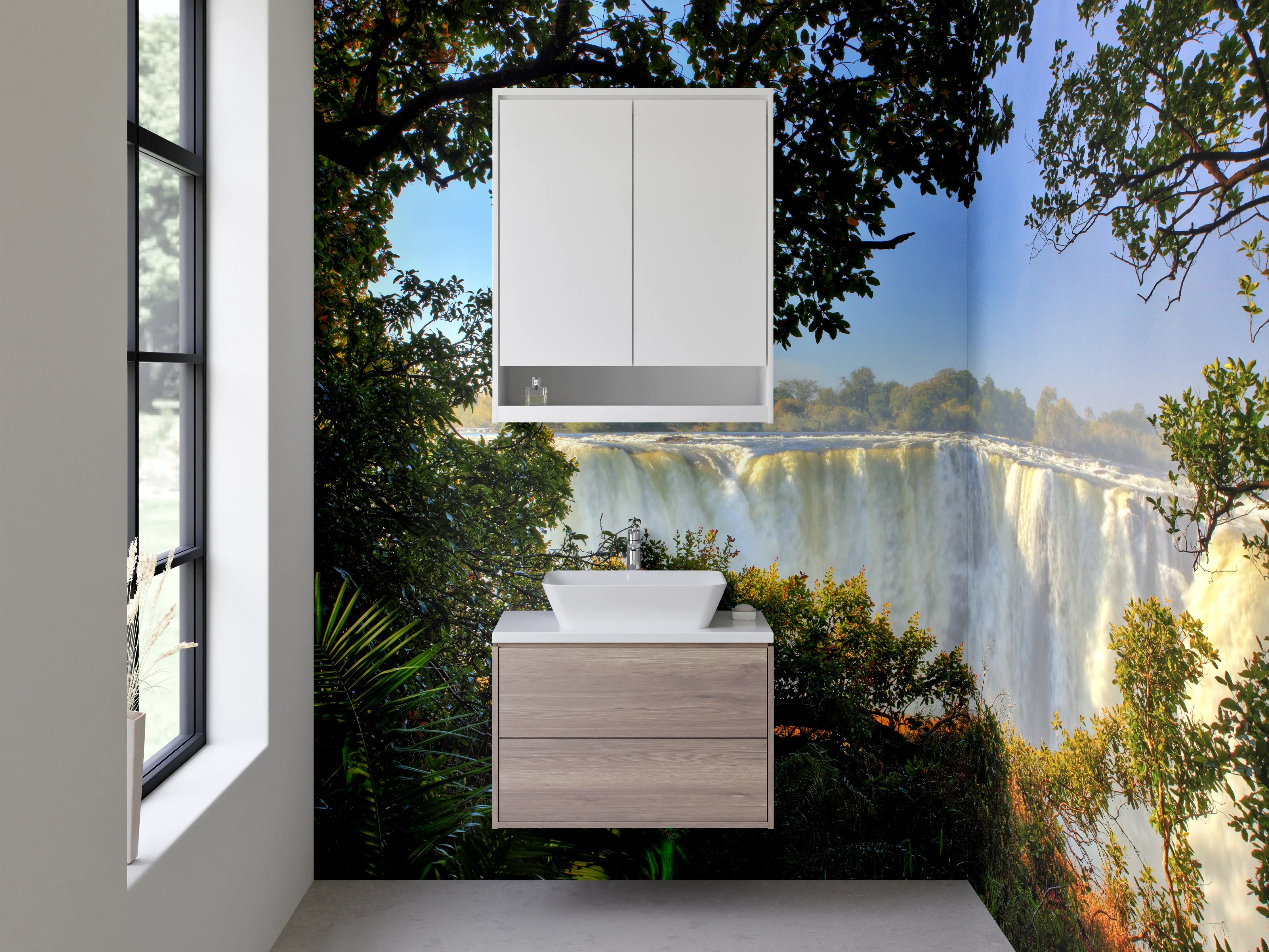 Waschbecken-Rückwand - Majestätischer Wasserfall mit Dschungelblick