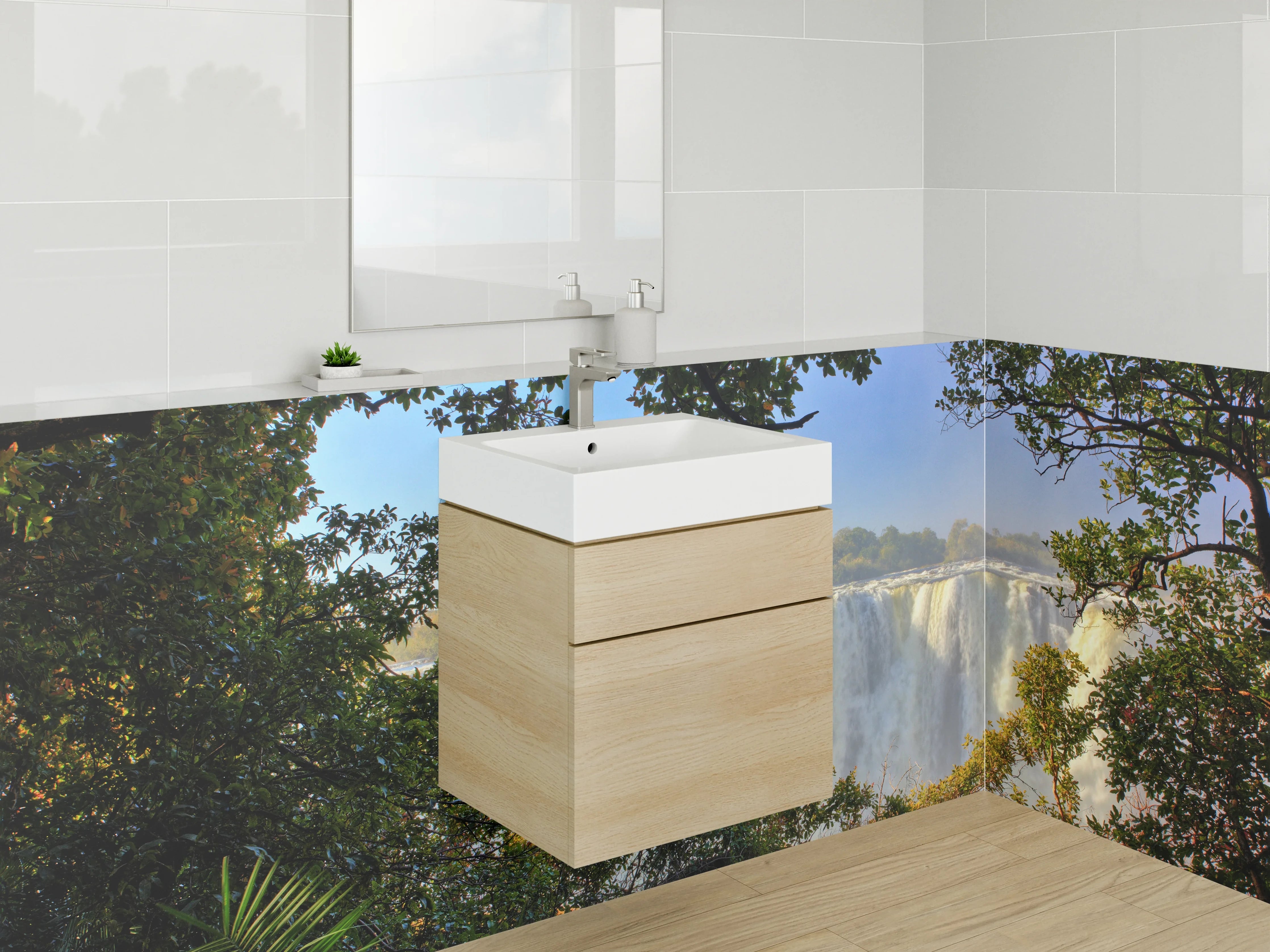 Waschbecken-Rückwand - Majestätischer Wasserfall mit Dschungelblick