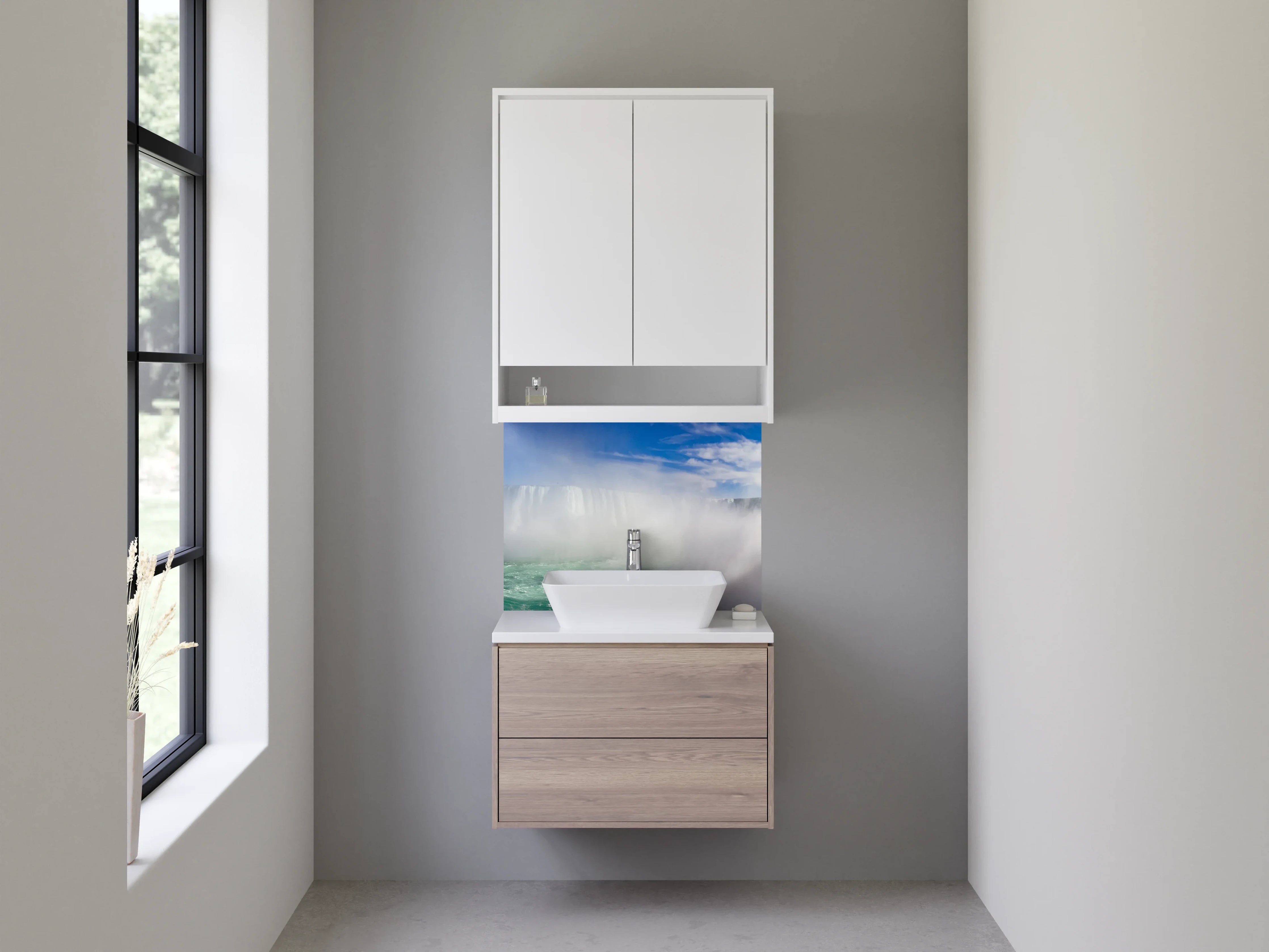 Waschbecken-Rückwand - Majestätischer Wasserfall mit Regenbogen