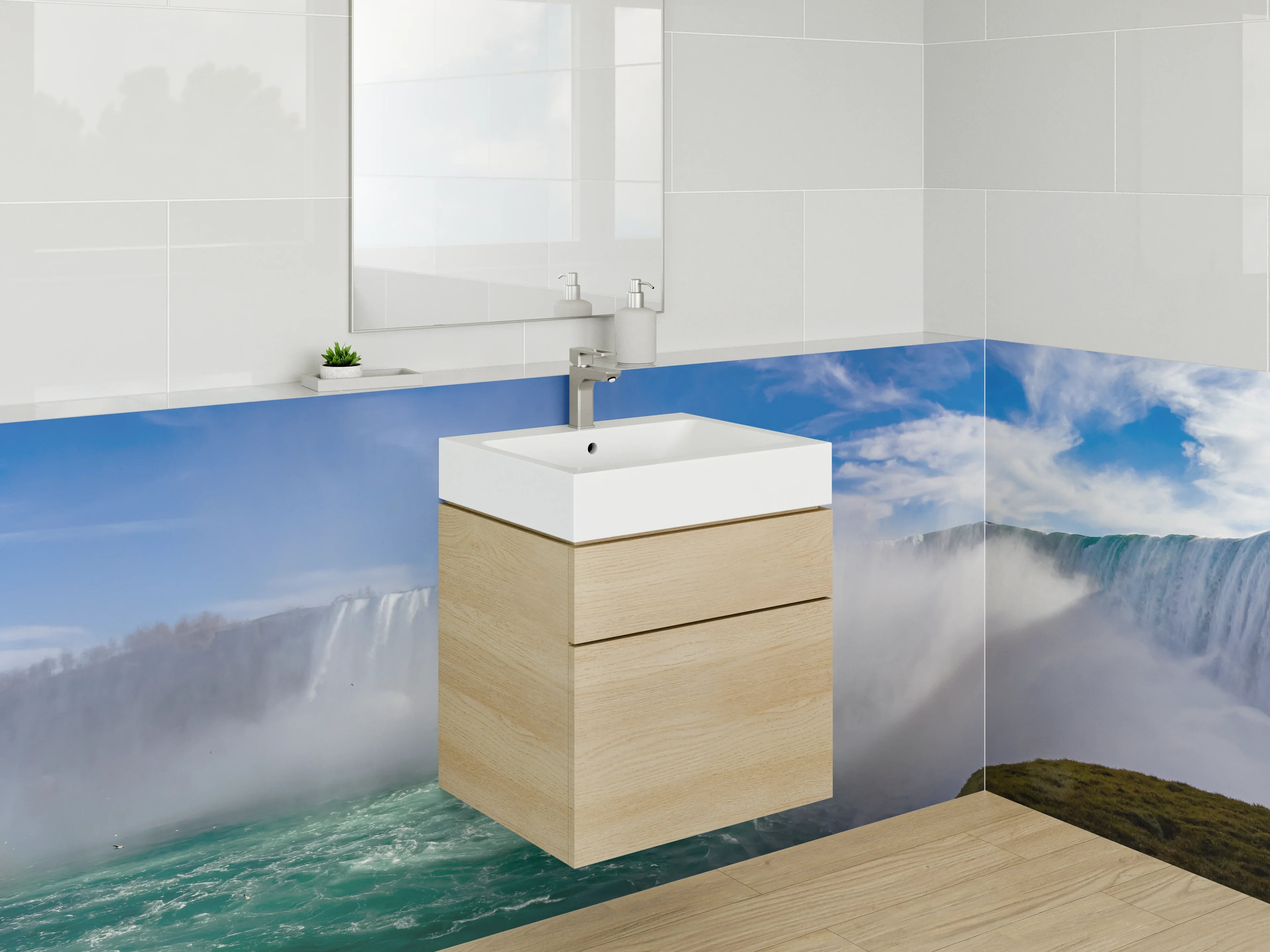 Waschbecken-Rückwand - Majestätischer Wasserfall mit Regenbogen