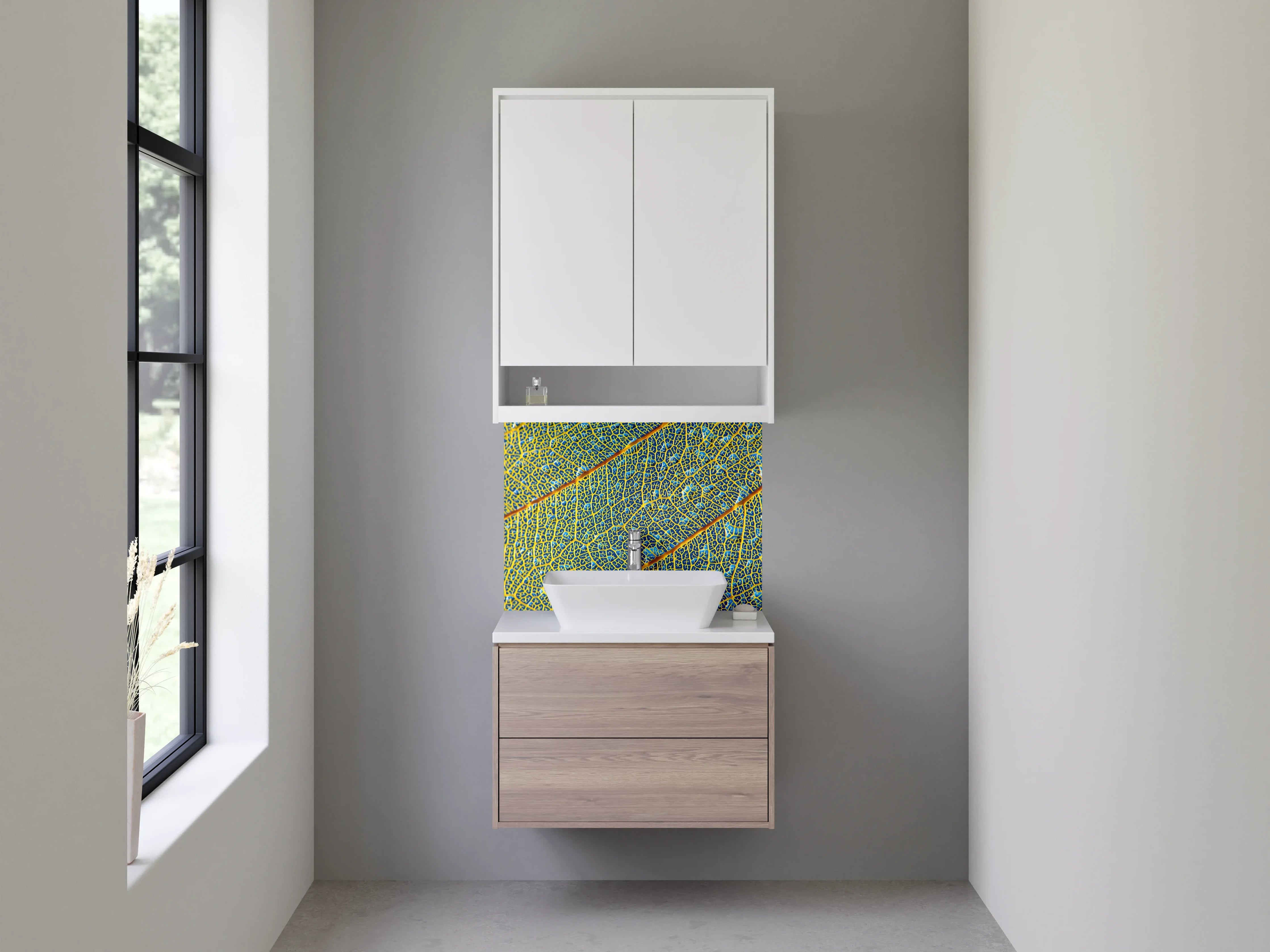 Waschbecken-Rückwand - Makro Blattmuster Gelb-Blau Modern