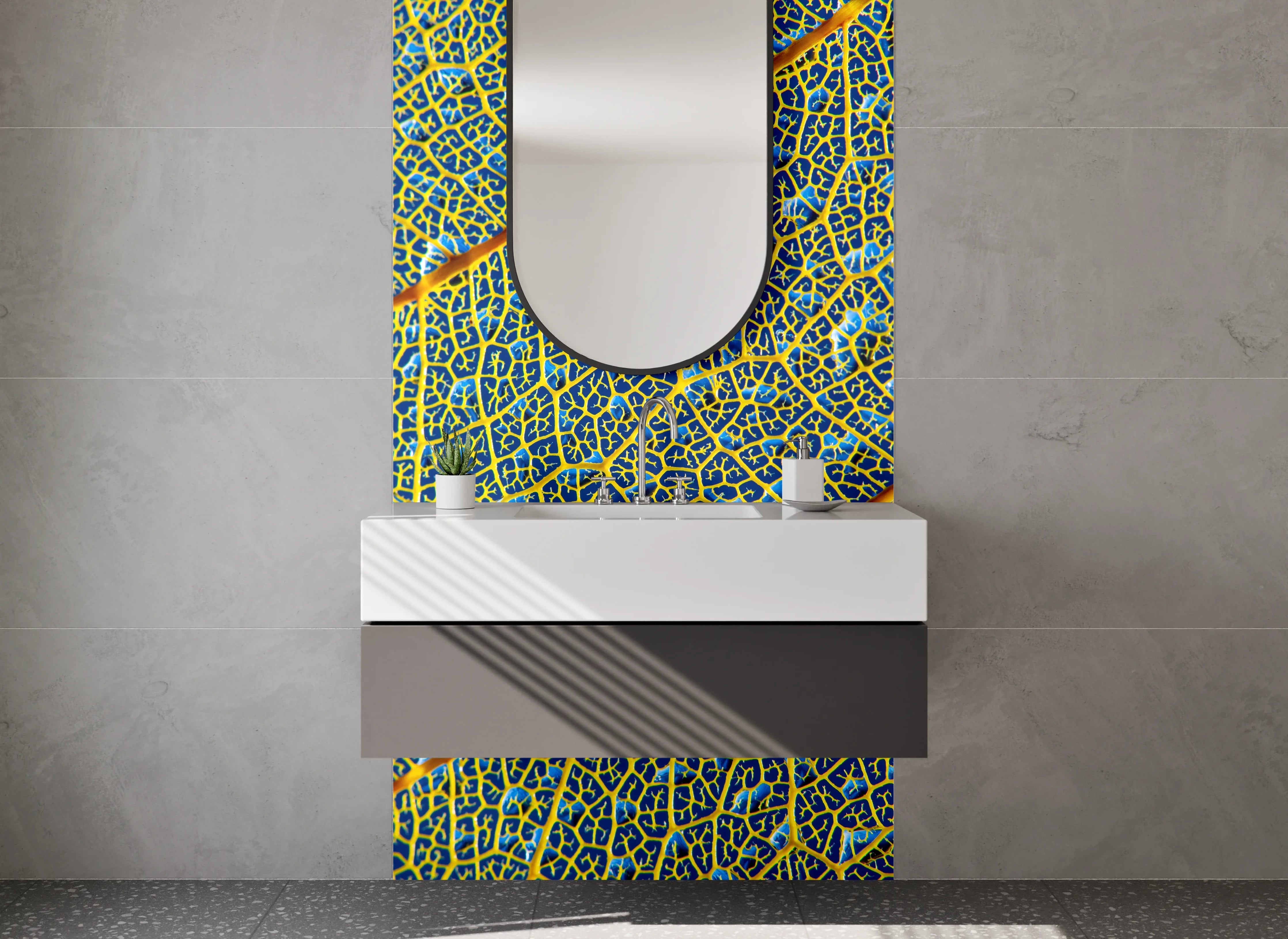 Waschbecken-Rückwand - Makro Blattmuster Gelb-Blau Modern