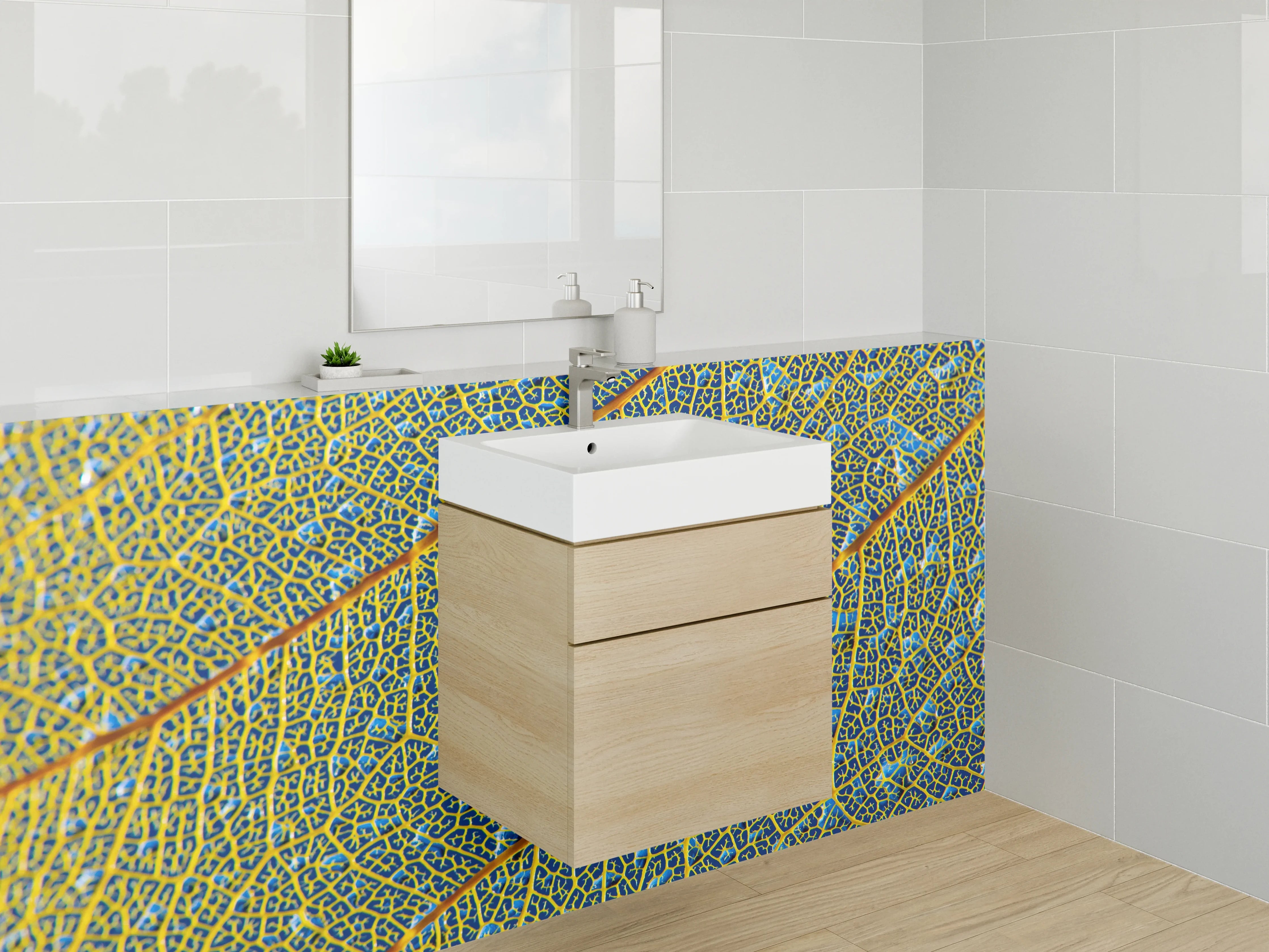 Waschbecken-Rückwand - Makro Blattmuster Gelb-Blau Modern