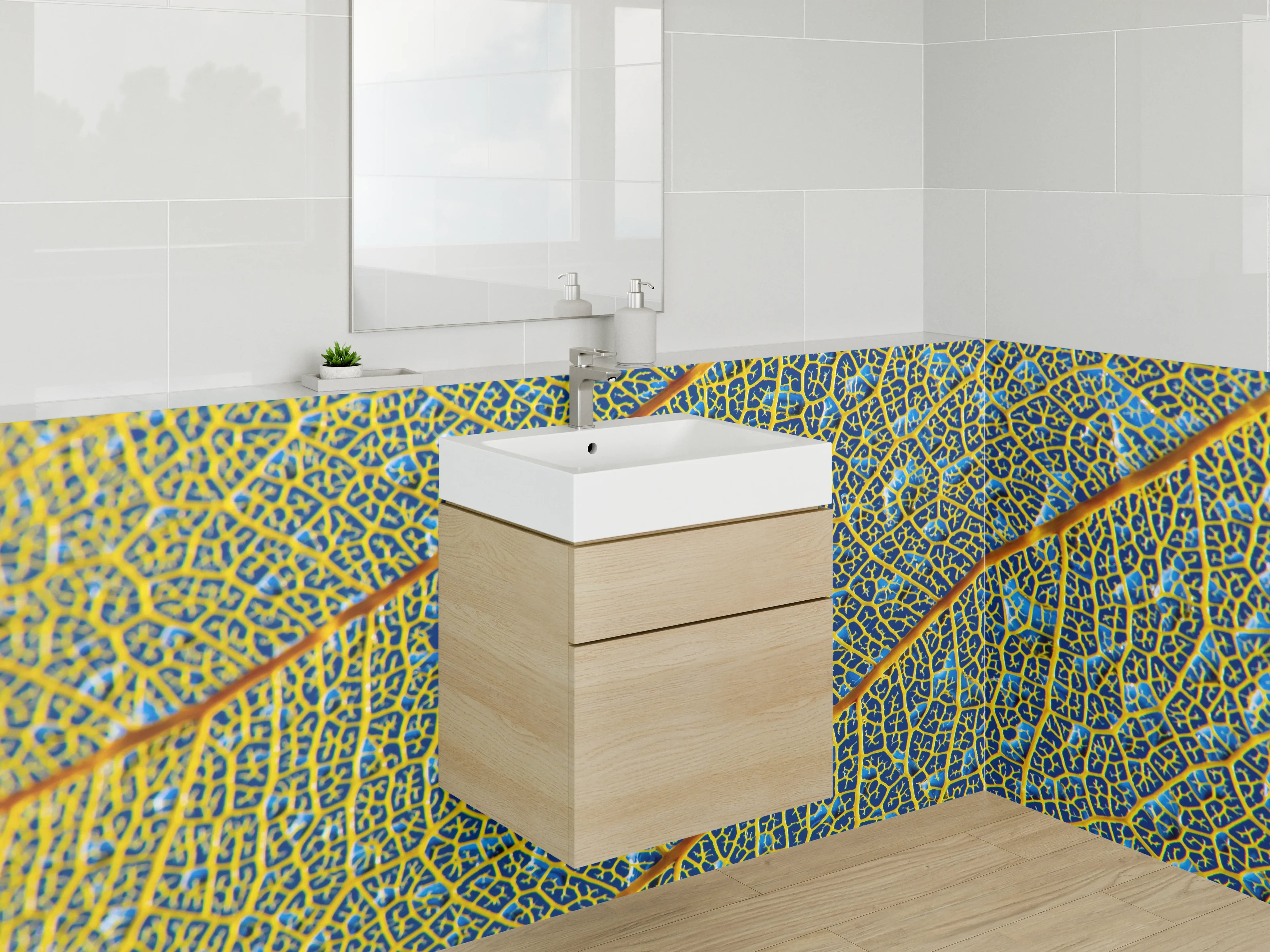 Waschbecken-Rückwand - Makro Blattmuster Gelb-Blau Modern