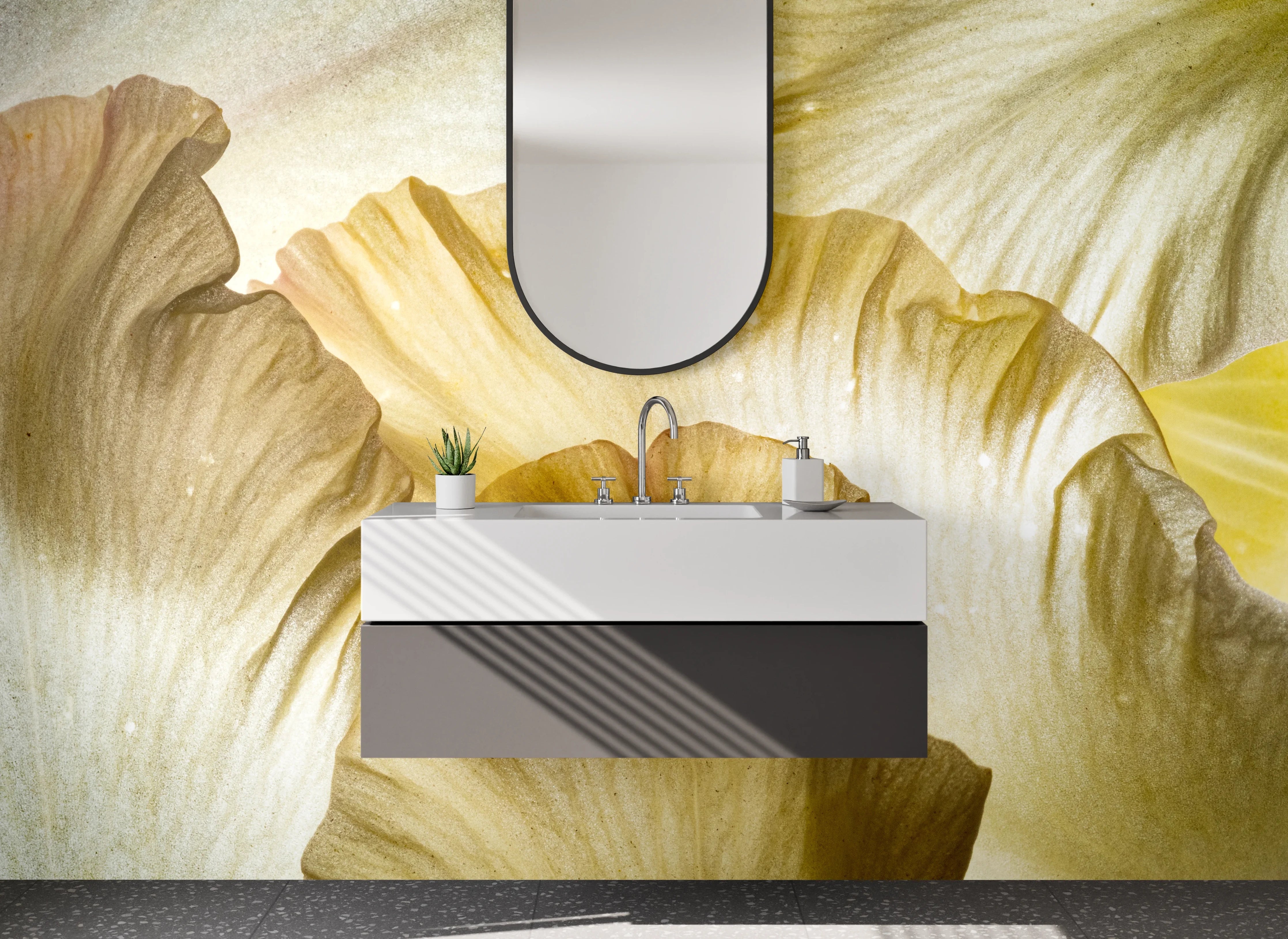 Waschbecken-Rückwand - Makro Blütenblatt Struktur Beige Weiß