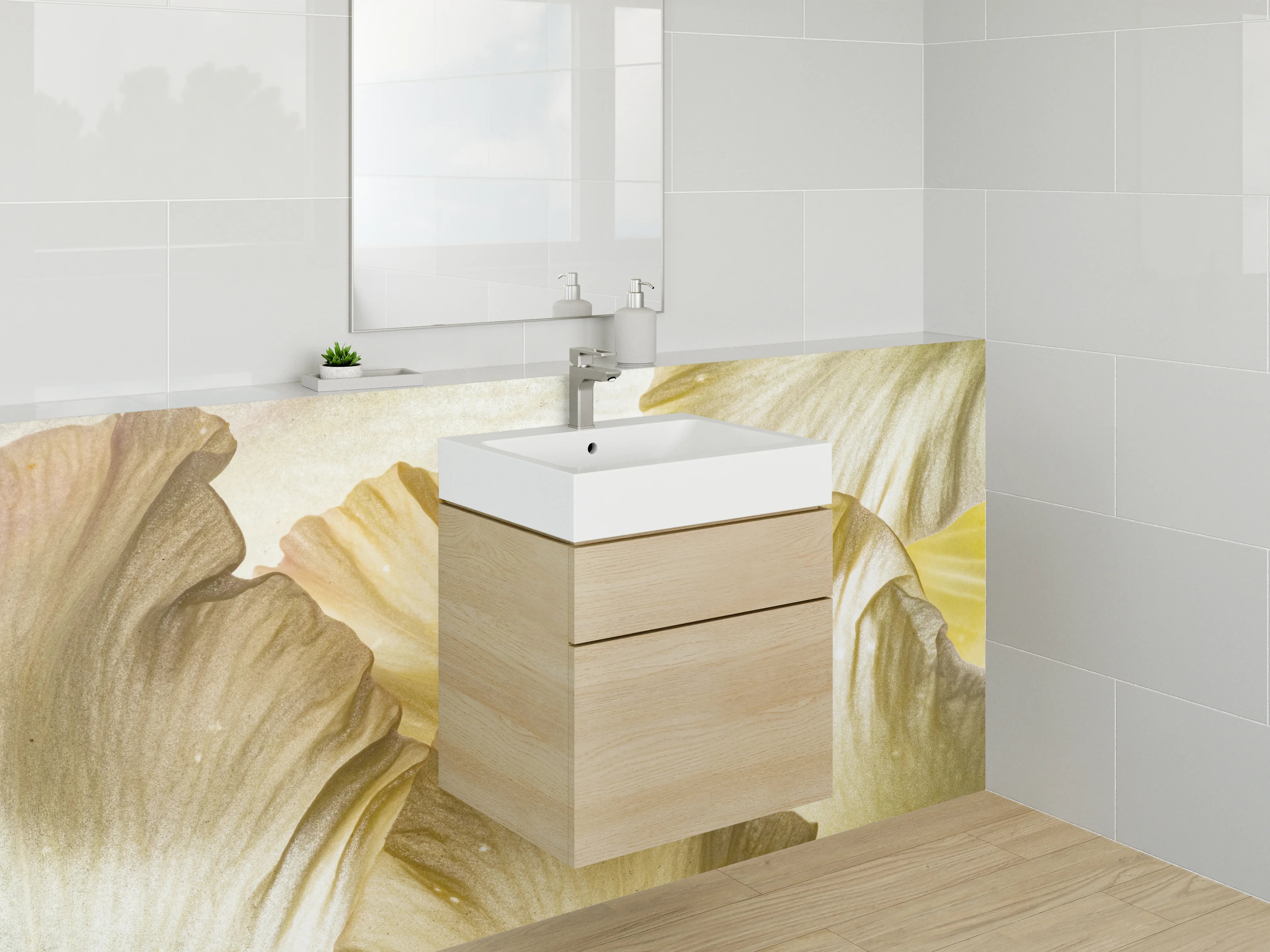 Waschbecken-Rückwand - Makro Blütenblatt Struktur Beige Weiß