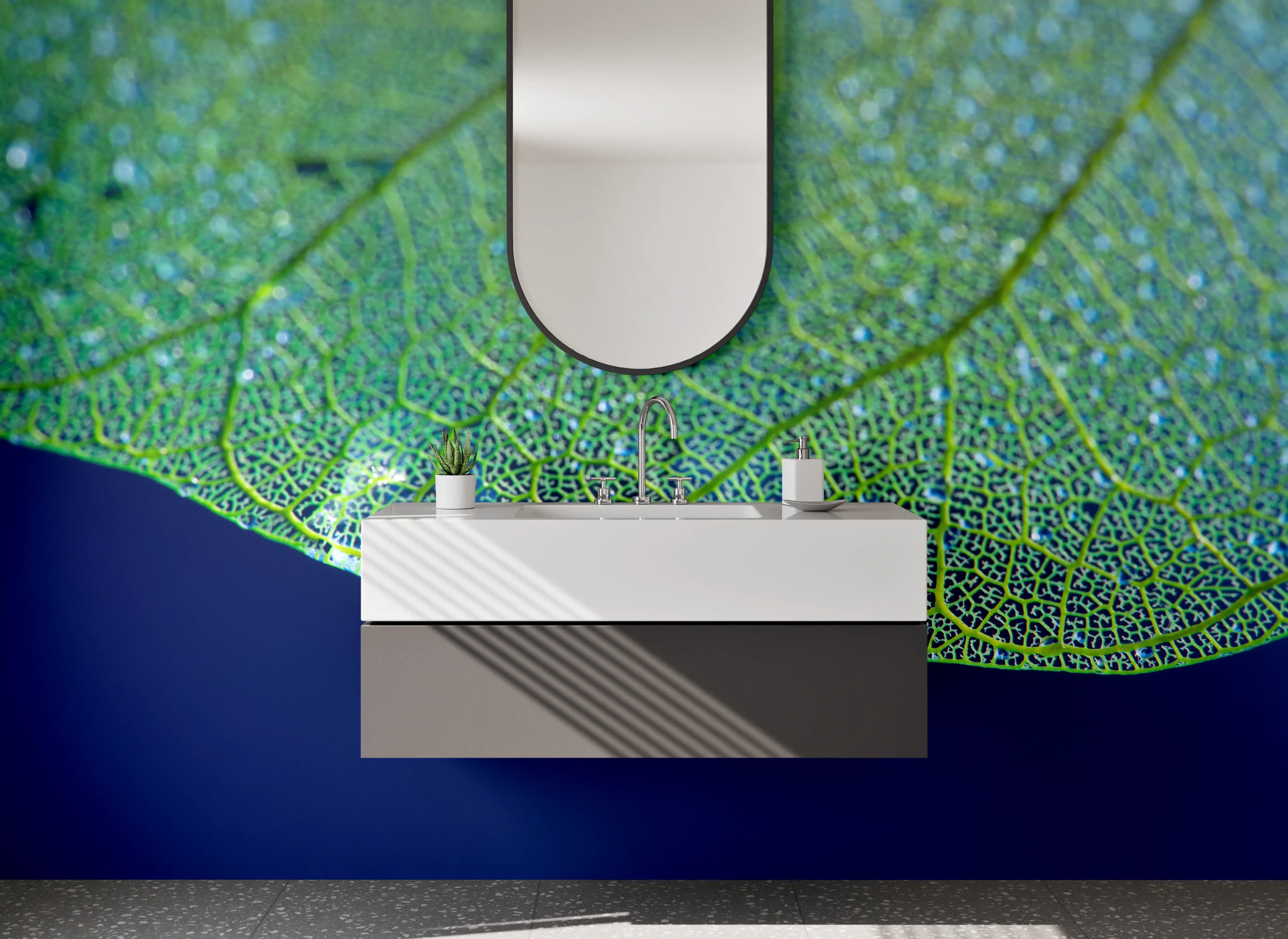 Waschbecken-Rückwand - Makro Wassertropfen auf Blatt Struktur