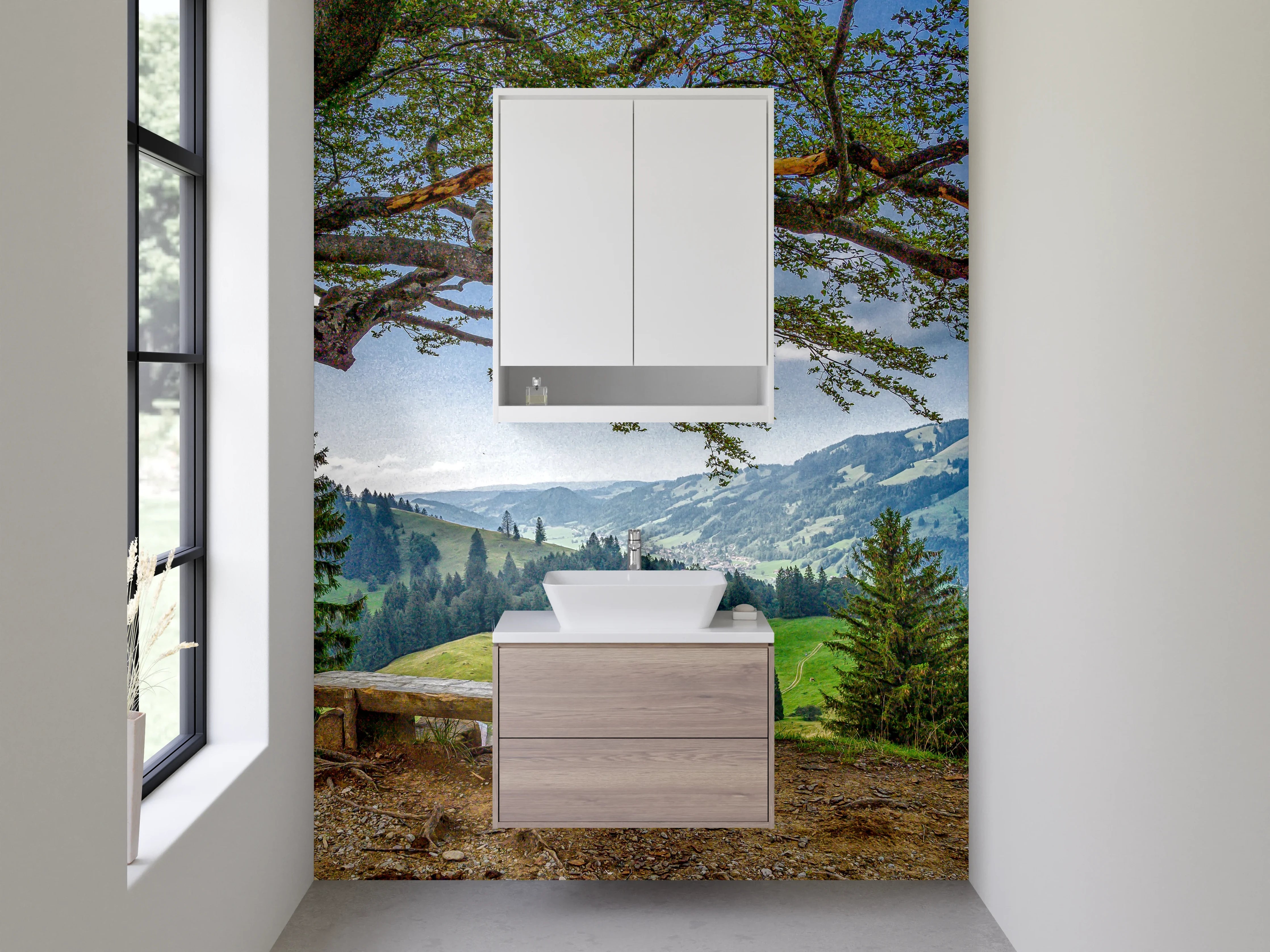 Waschbecken-Rückwand - Malerische Landschaft mit Baum und Bank