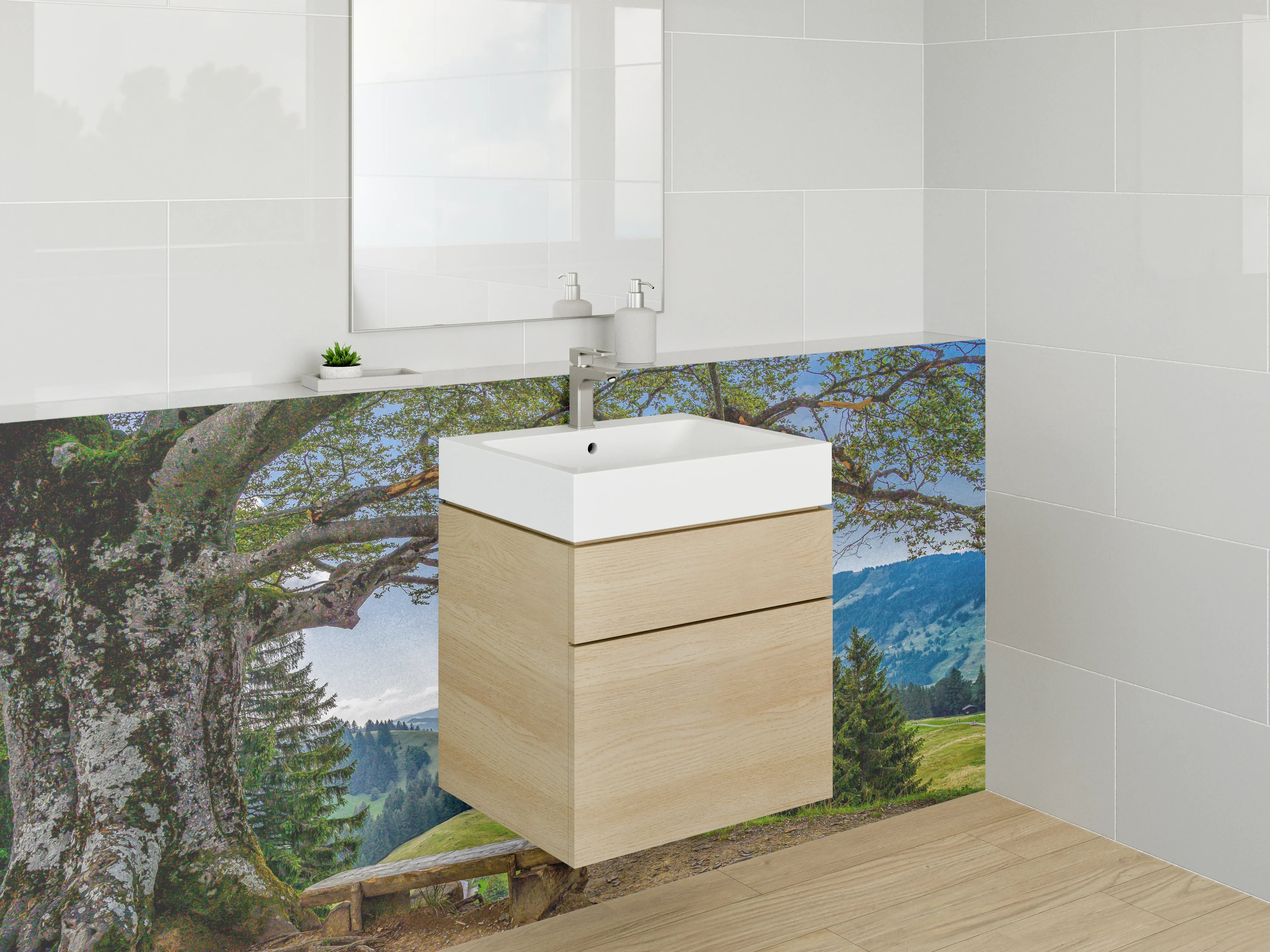 Waschbecken-Rückwand - Malerische Landschaft mit Baum und Bank