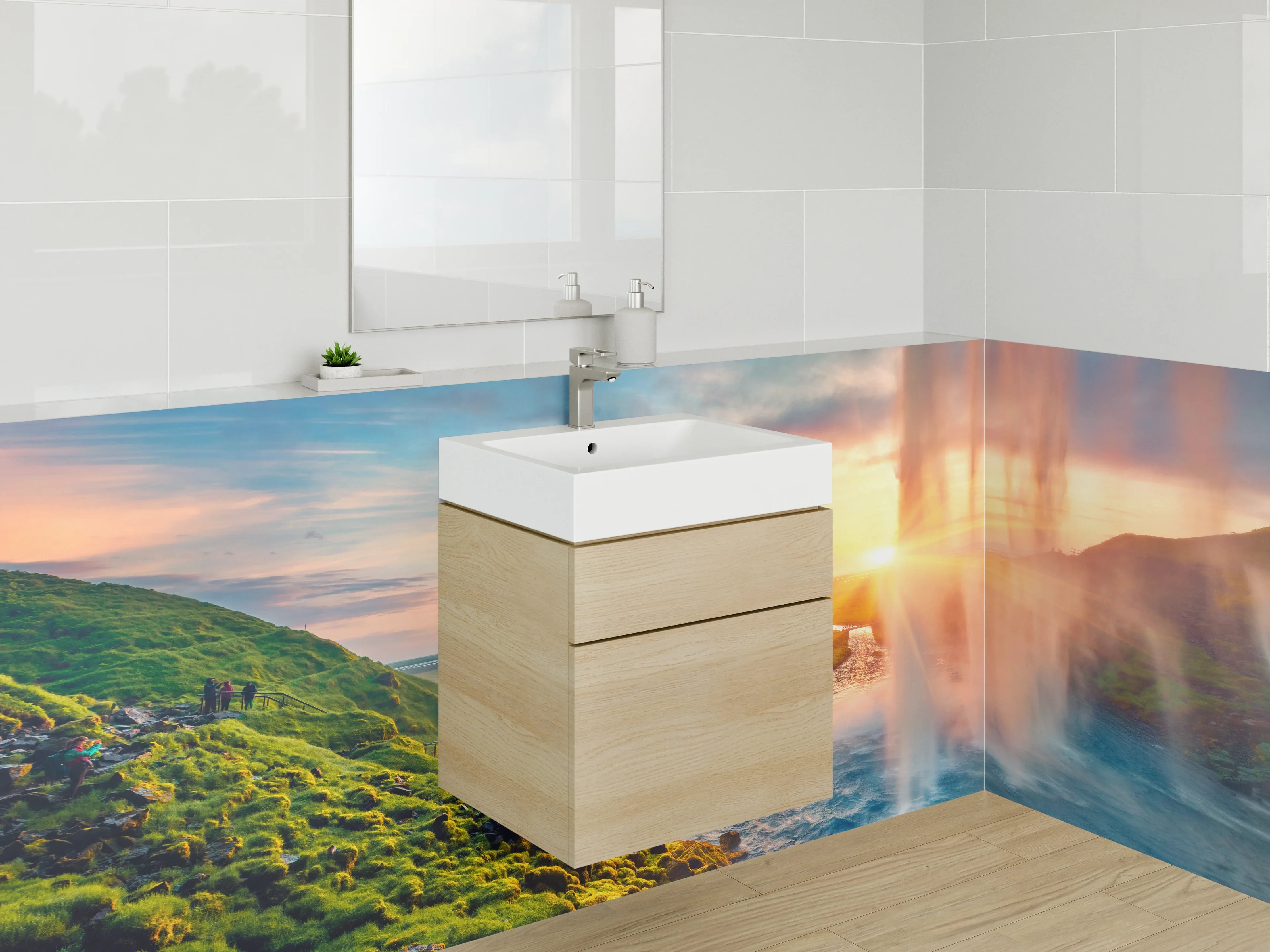 Waschbecken-Rückwand - Malerischer Sonnenuntergang am Wasserfall