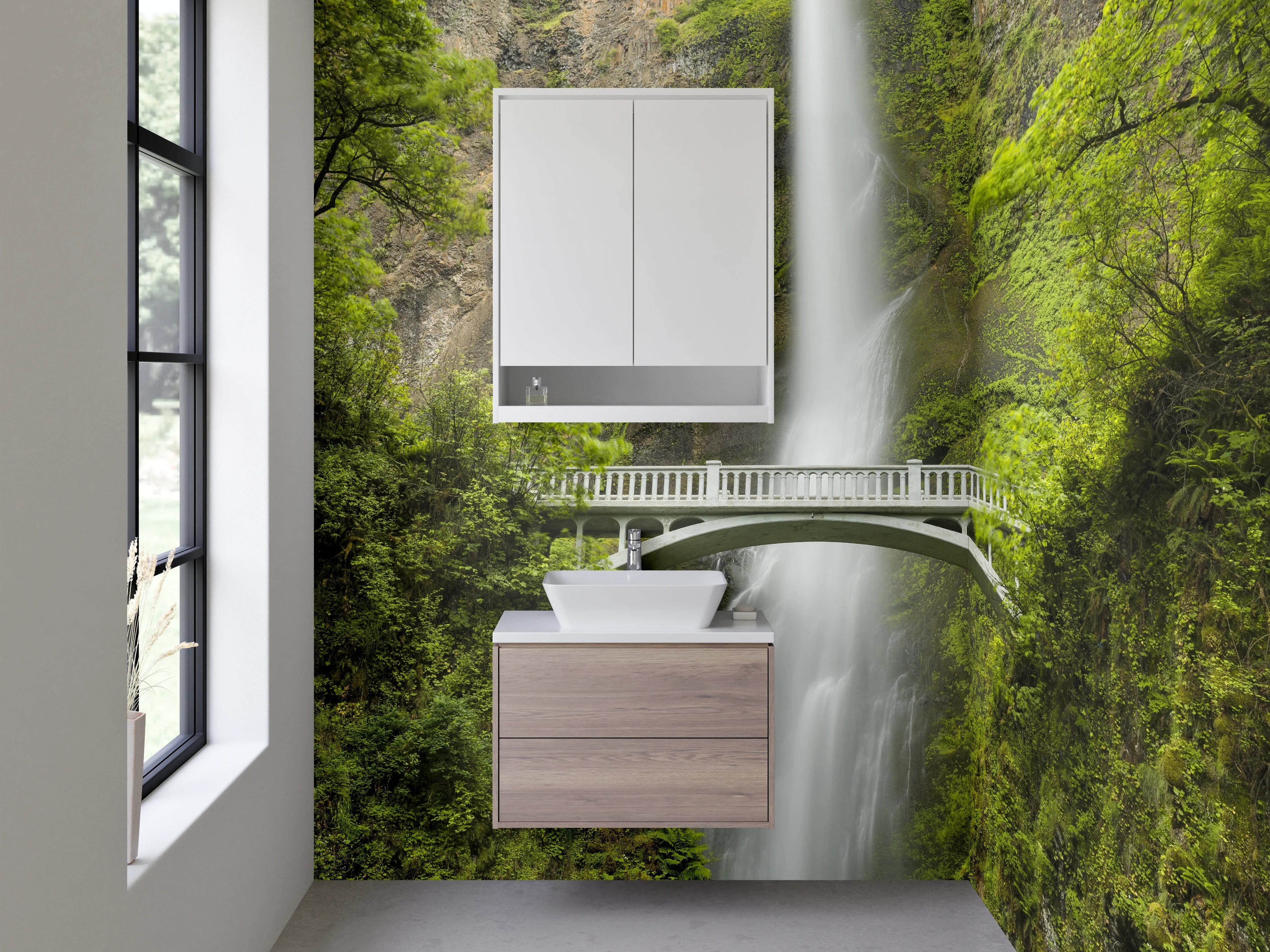 Waschbecken-Rückwand - Malerischer Wasserfall mit Brücke