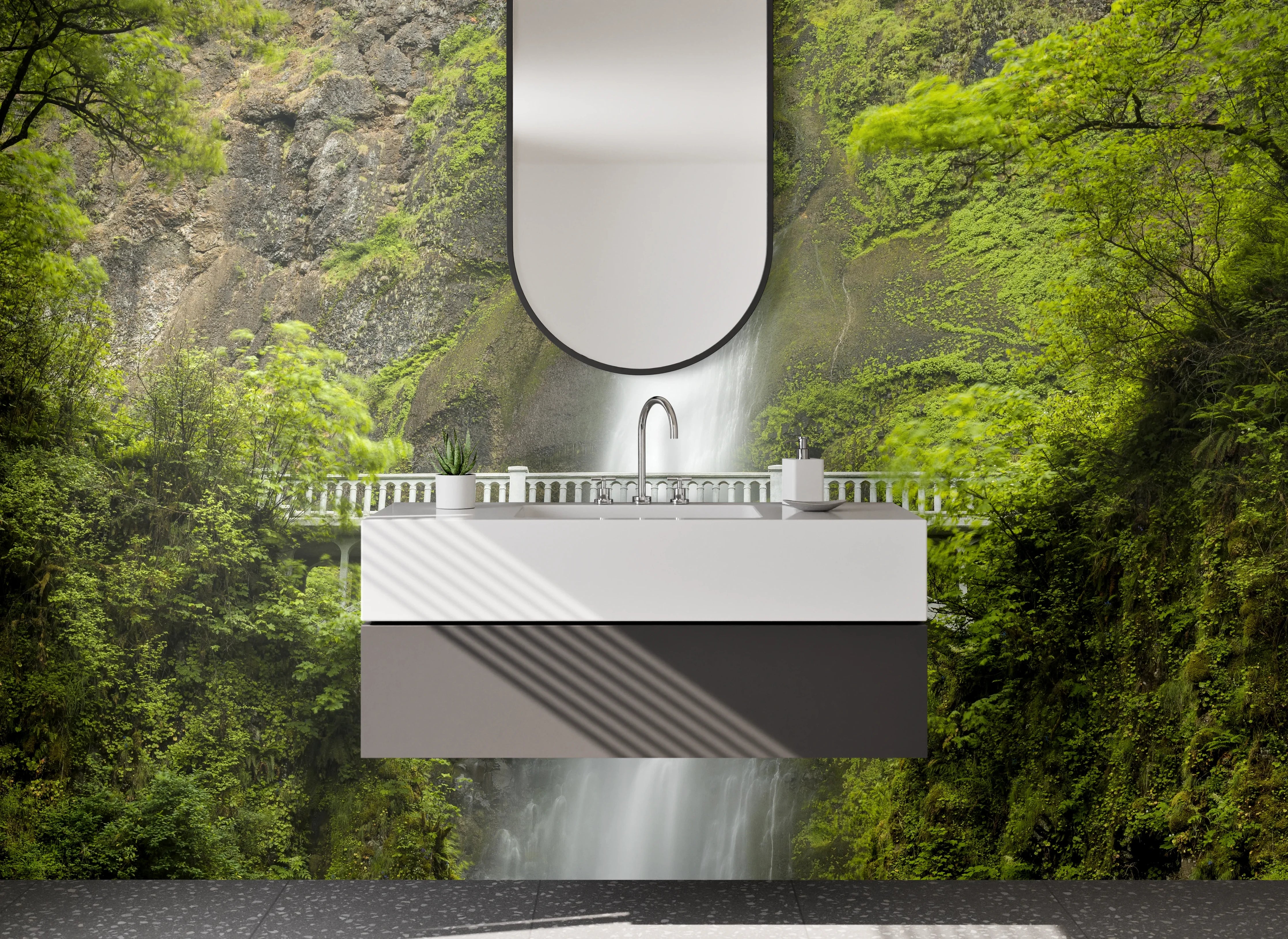 Waschbecken-Rückwand - Malerischer Wasserfall mit Brücke