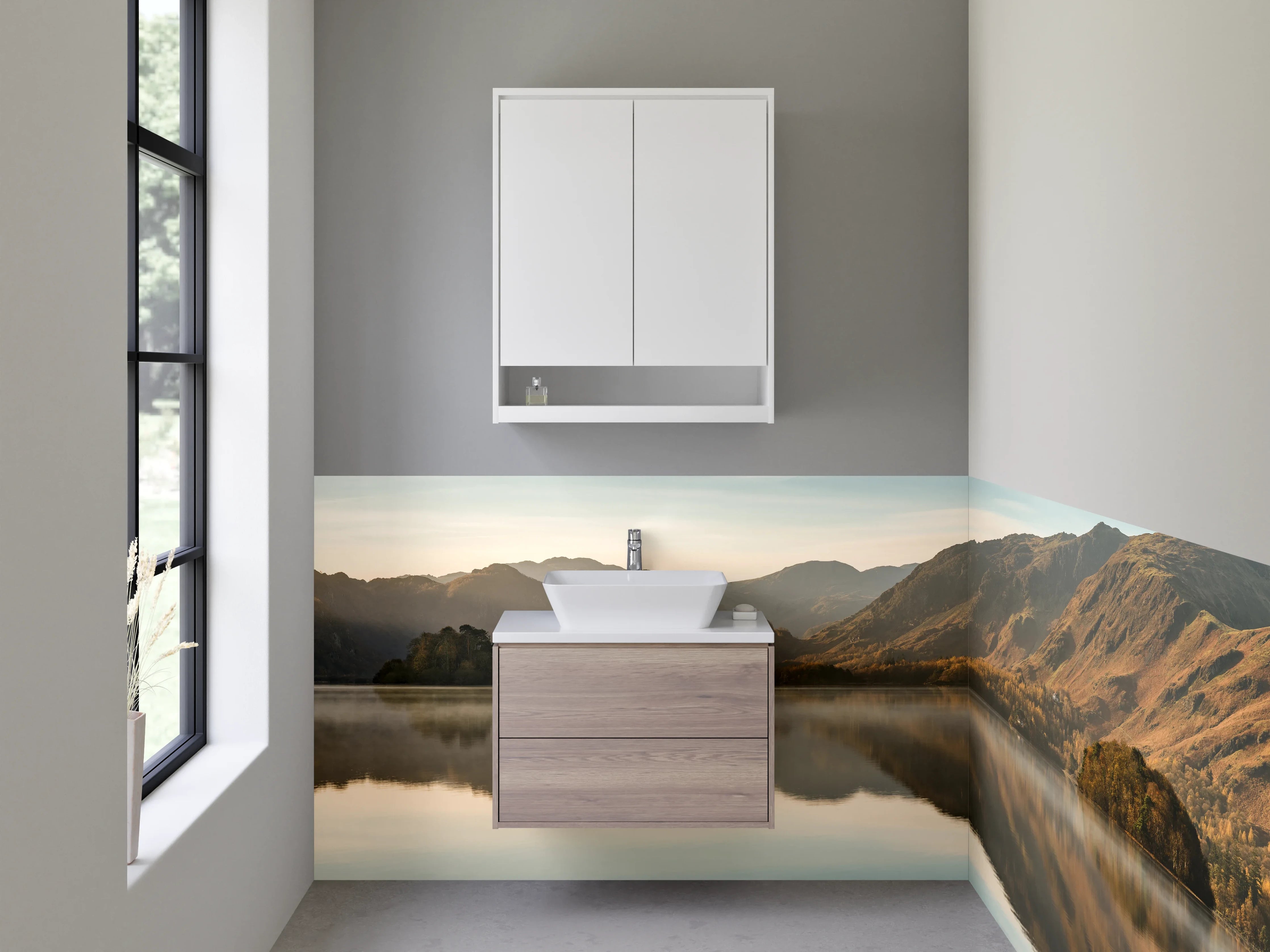 Waschbecken-Rückwand - Malowniczy spokojny jezioro z górami w tle