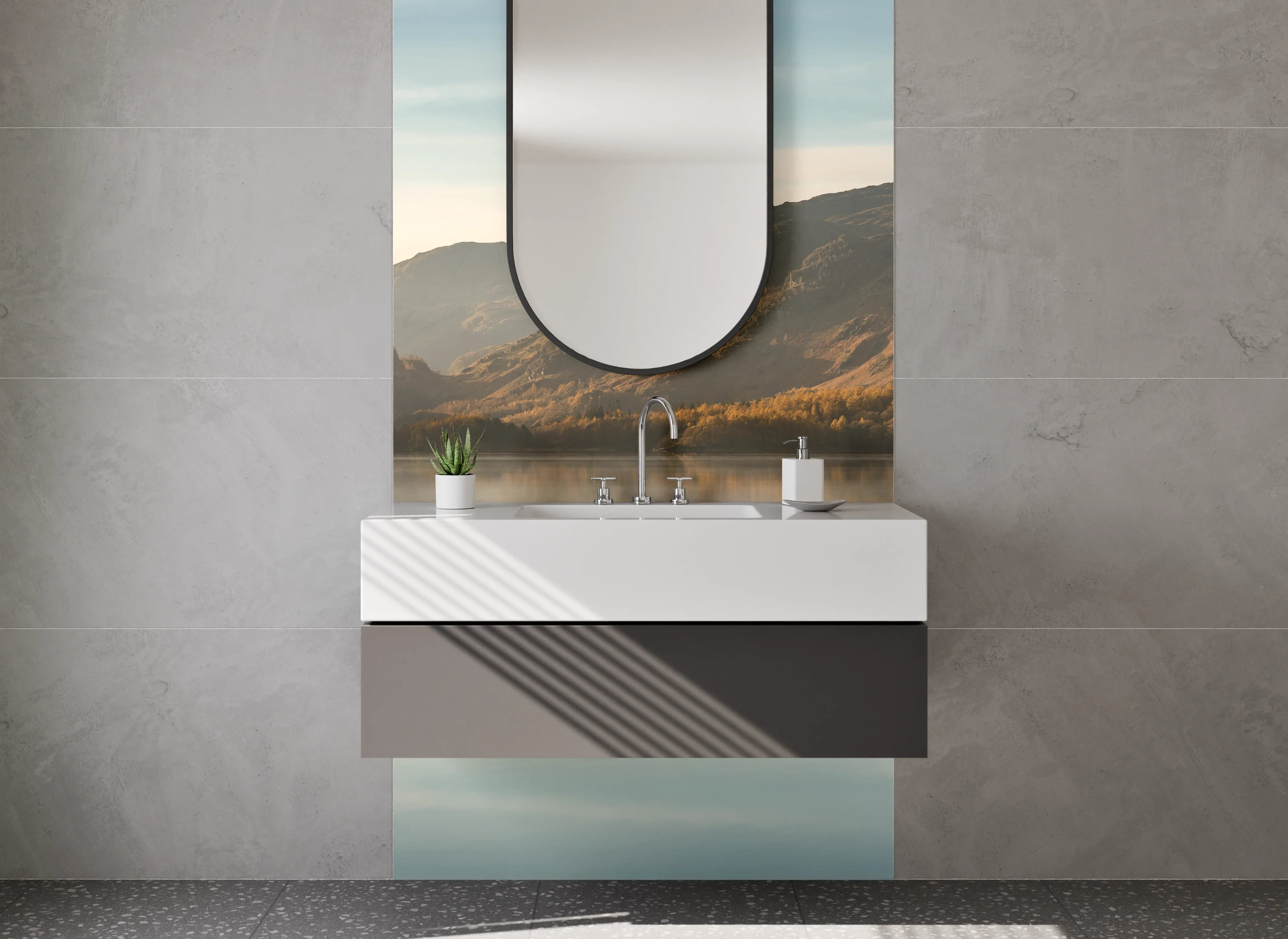 Waschbecken-Rückwand - Malowniczy spokojny jezioro z górami w tle