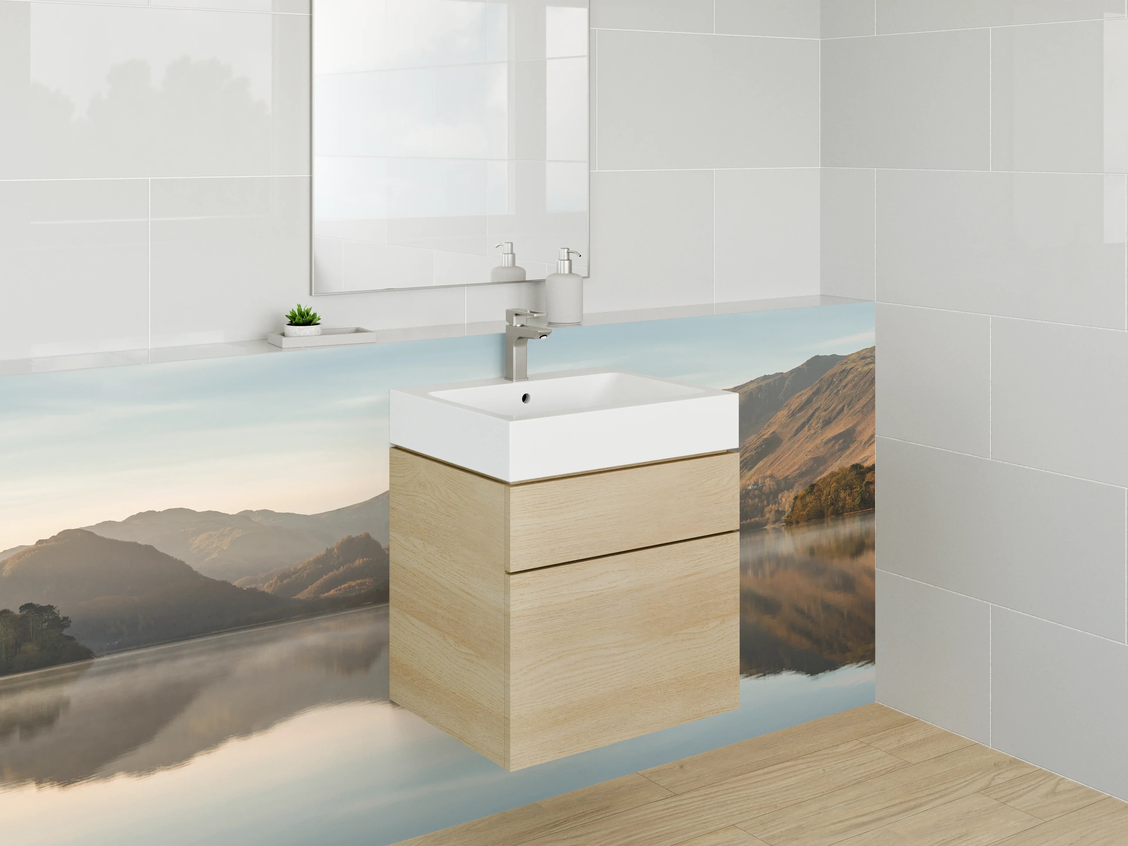 Waschbecken-Rückwand - Malowniczy spokojny jezioro z górami w tle