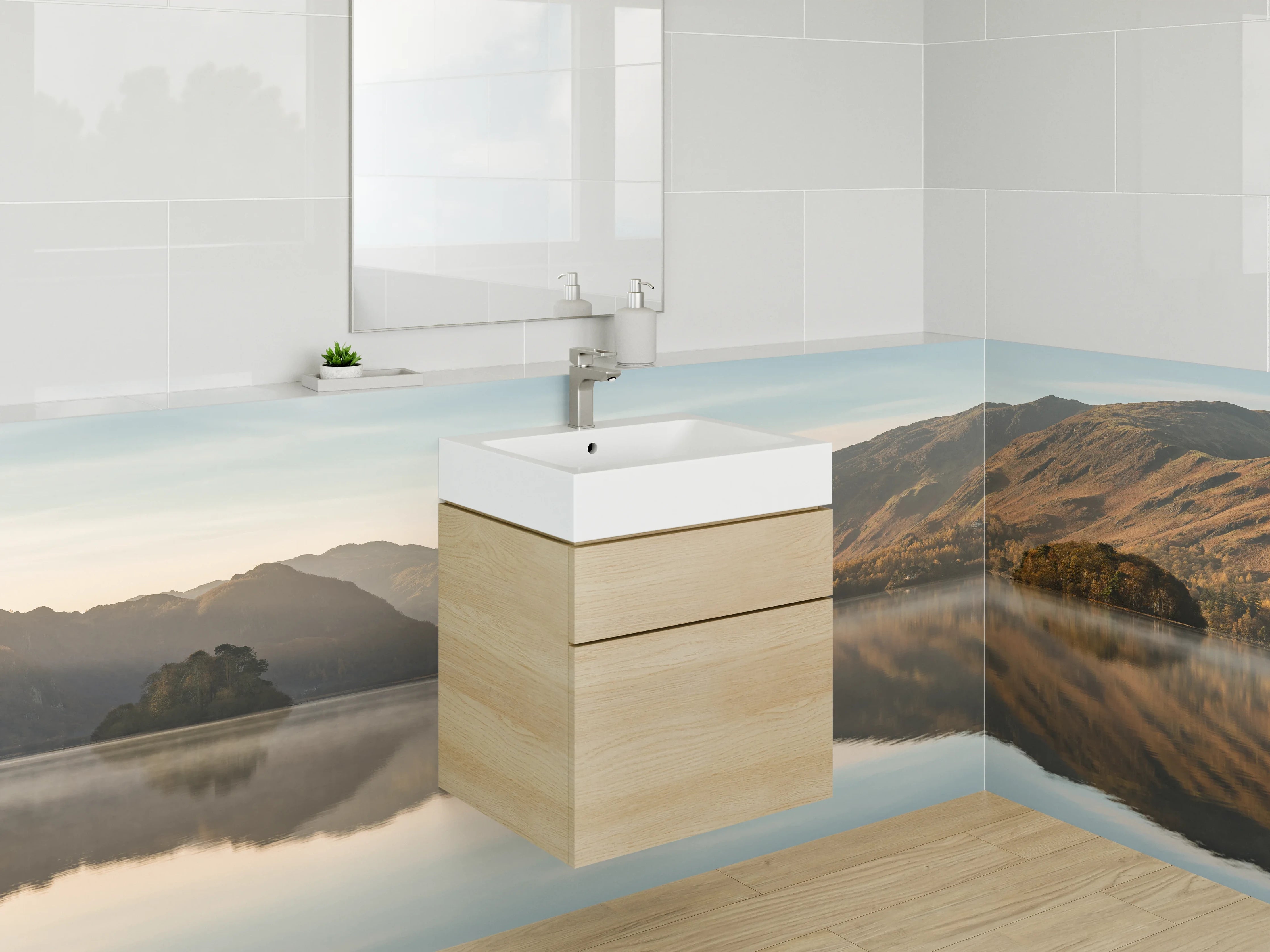 Waschbecken-Rückwand - Malowniczy spokojny jezioro z górami w tle