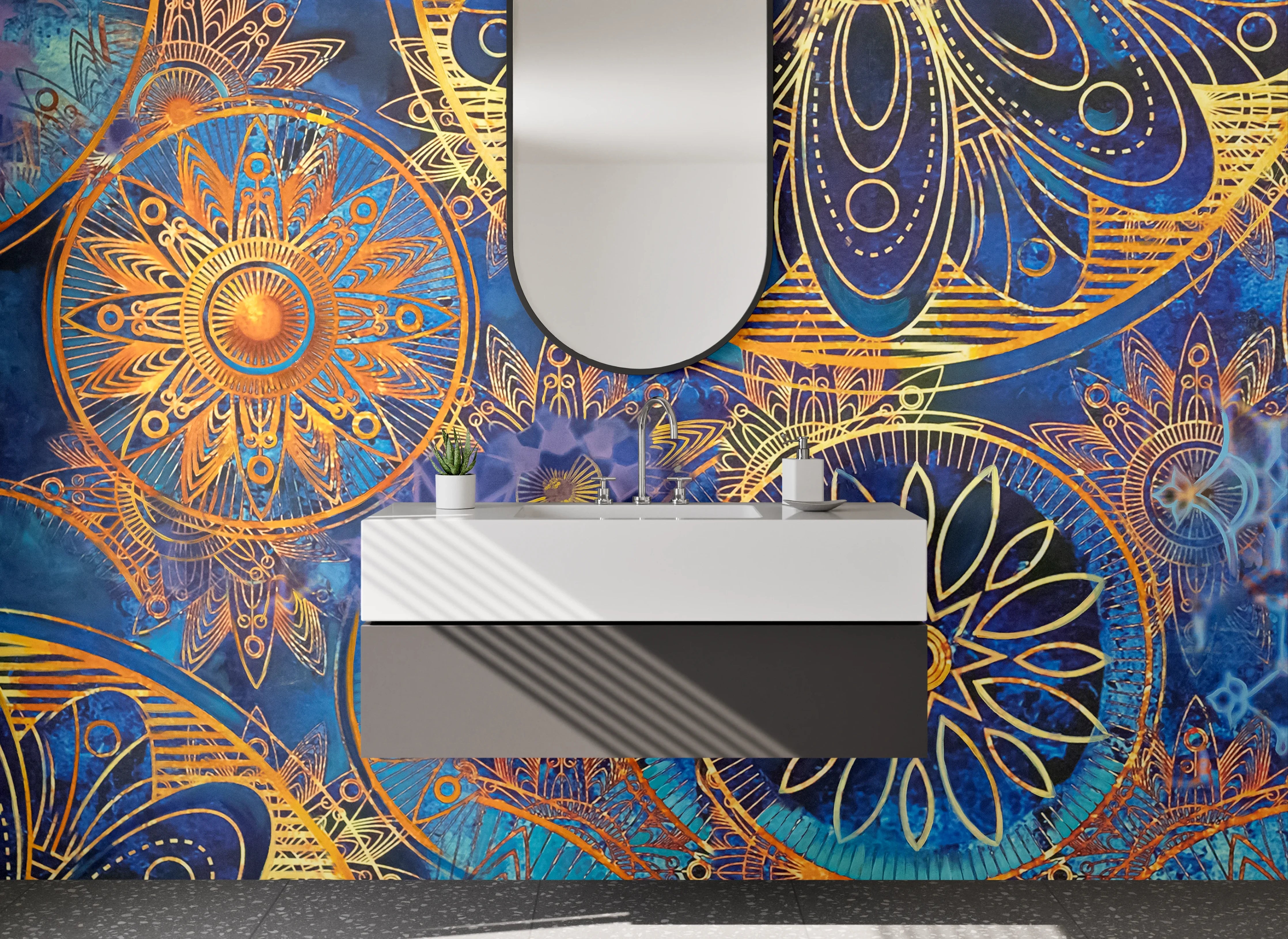 Waschbecken-Rückwand - Mandala Design Gold Blau Abstrakt