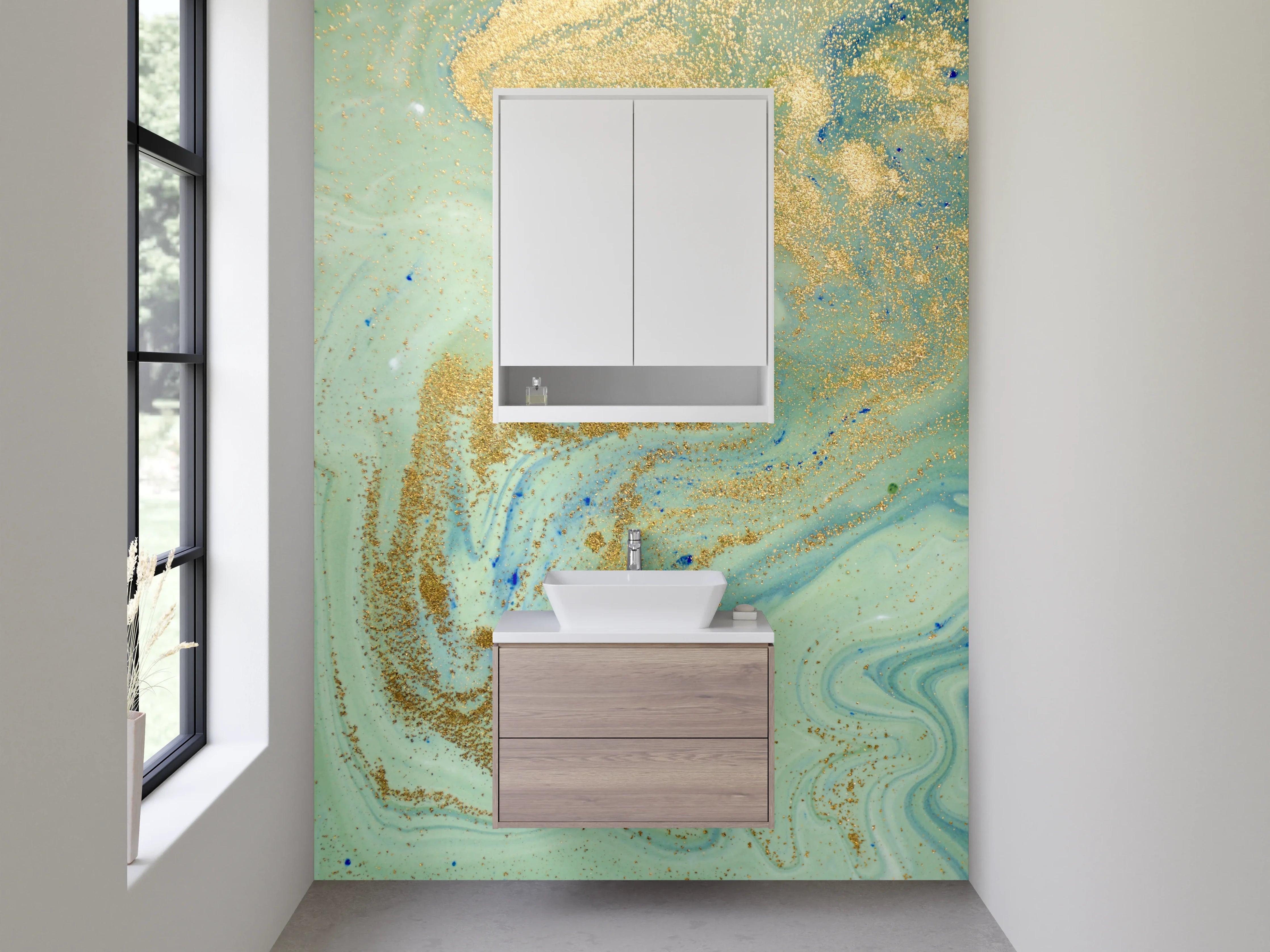 Waschbecken-Rückwand - Marmor Aquarell mit Goldakzenten