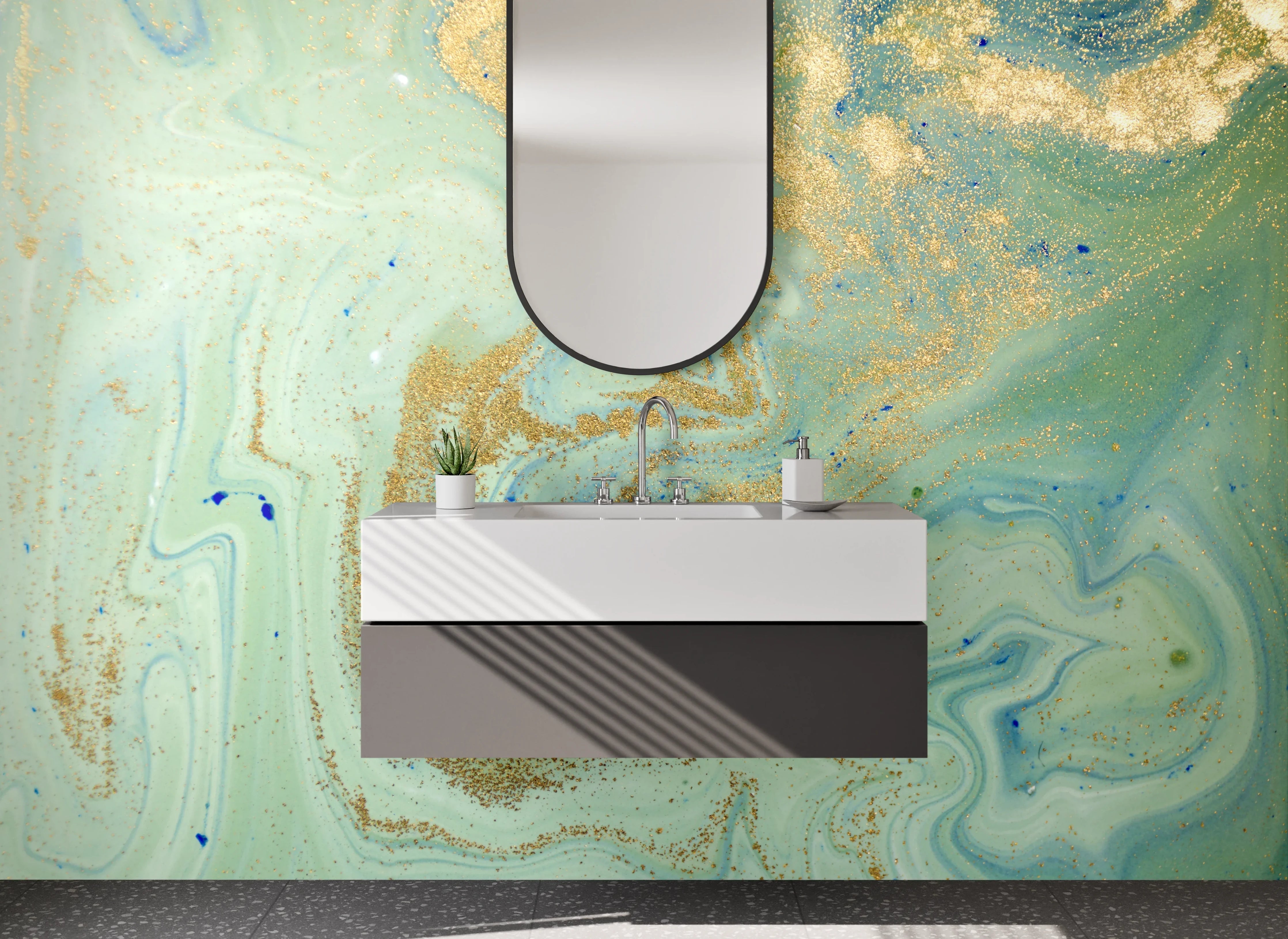 Waschbecken-Rückwand - Marmor Aquarell mit Goldakzenten