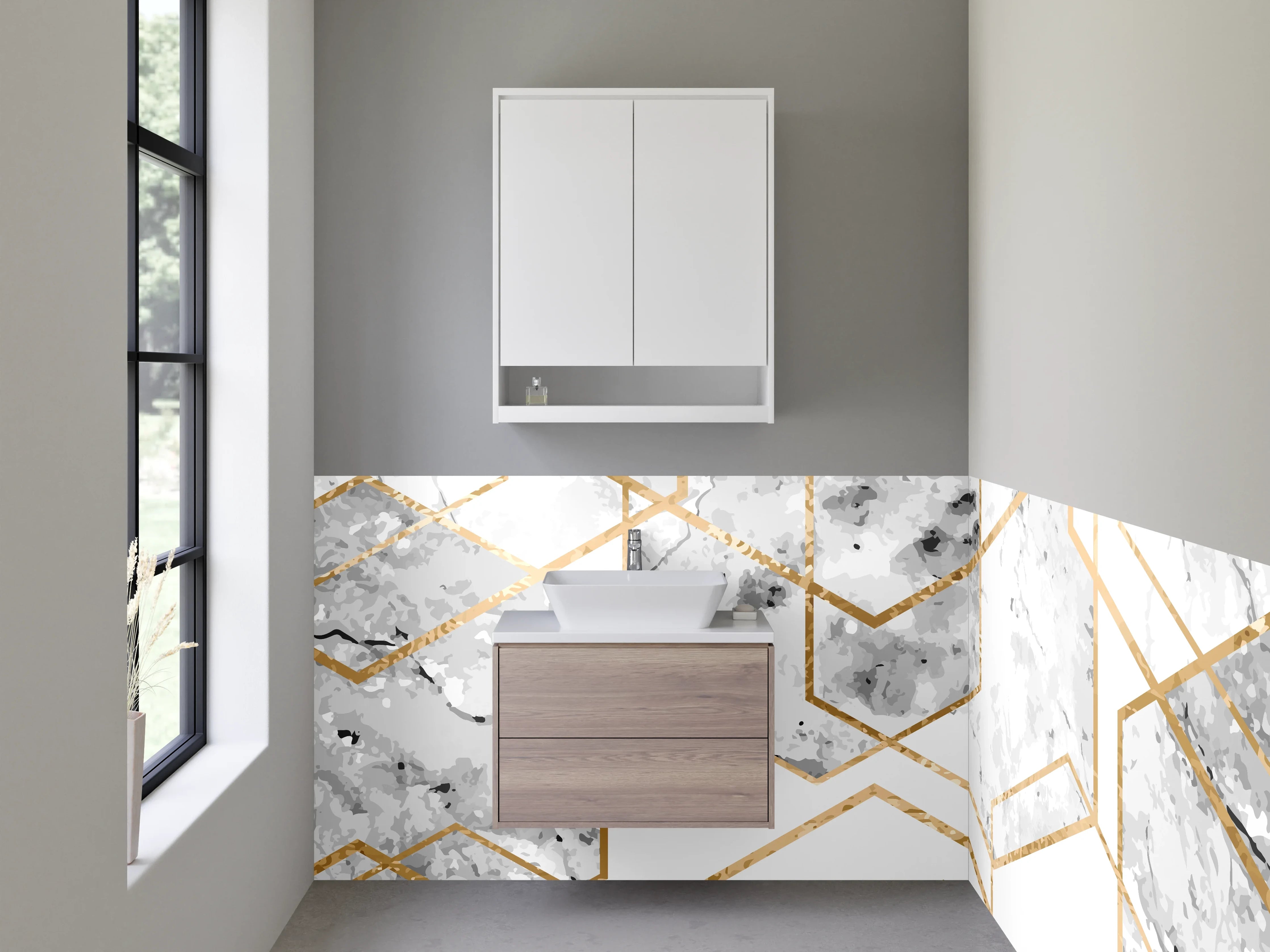 Waschbecken-Rückwand - Marmor Gold Hexagon Muster Weiß Grau