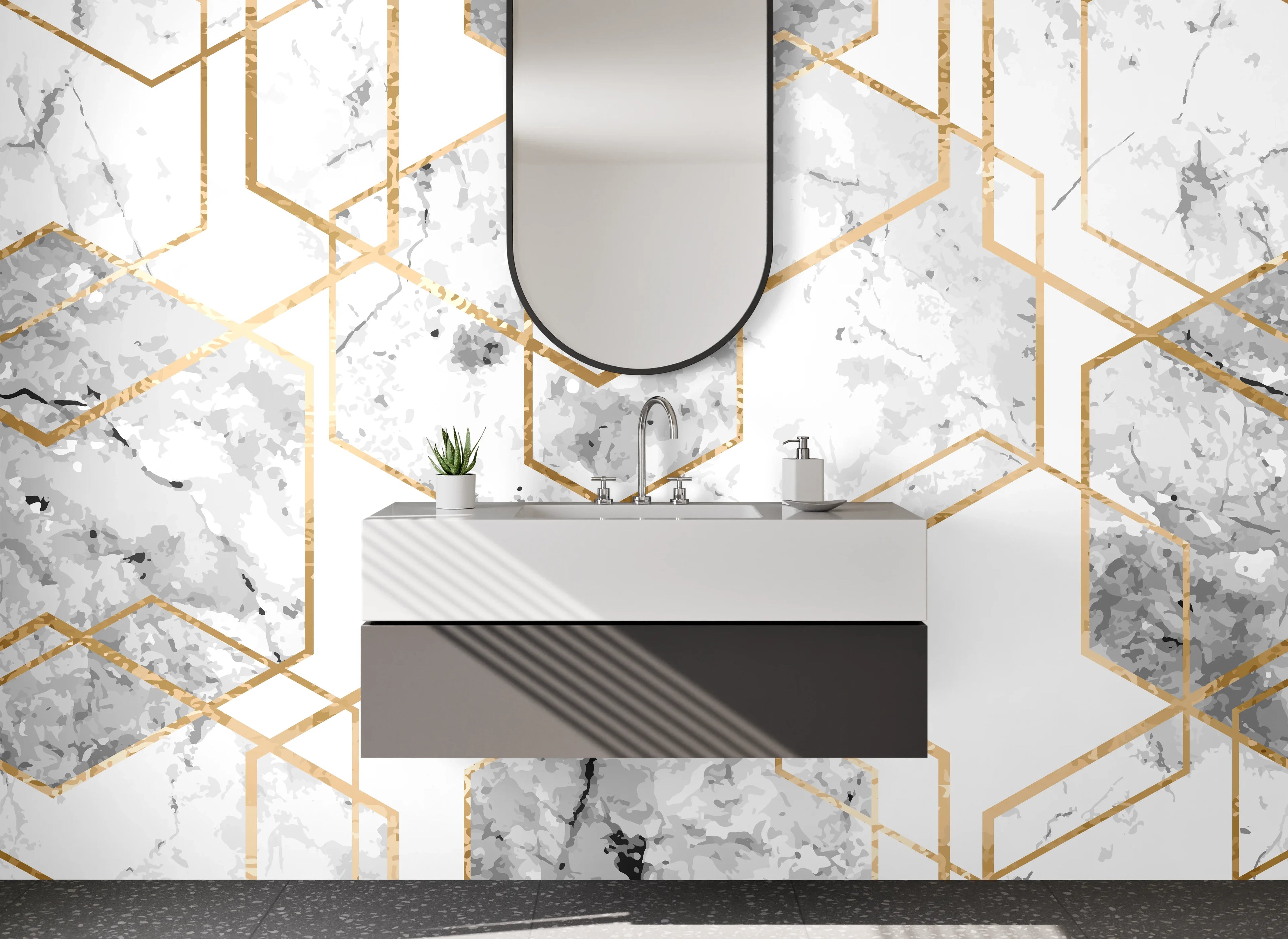 Waschbecken-Rückwand - Marmor Gold Hexagon Muster Weiß Grau