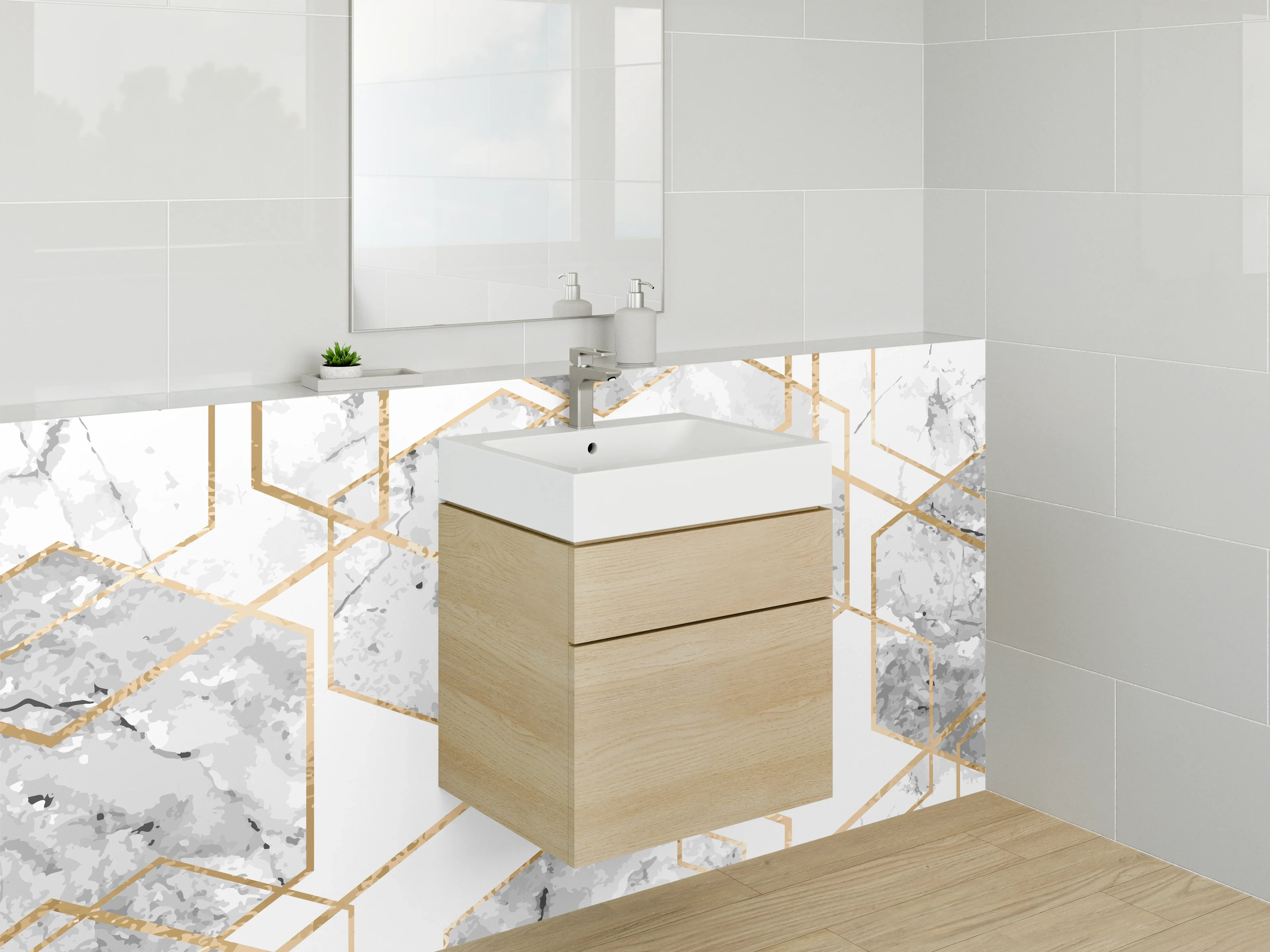 Waschbecken-Rückwand - Marmor Gold Hexagon Muster Weiß Grau