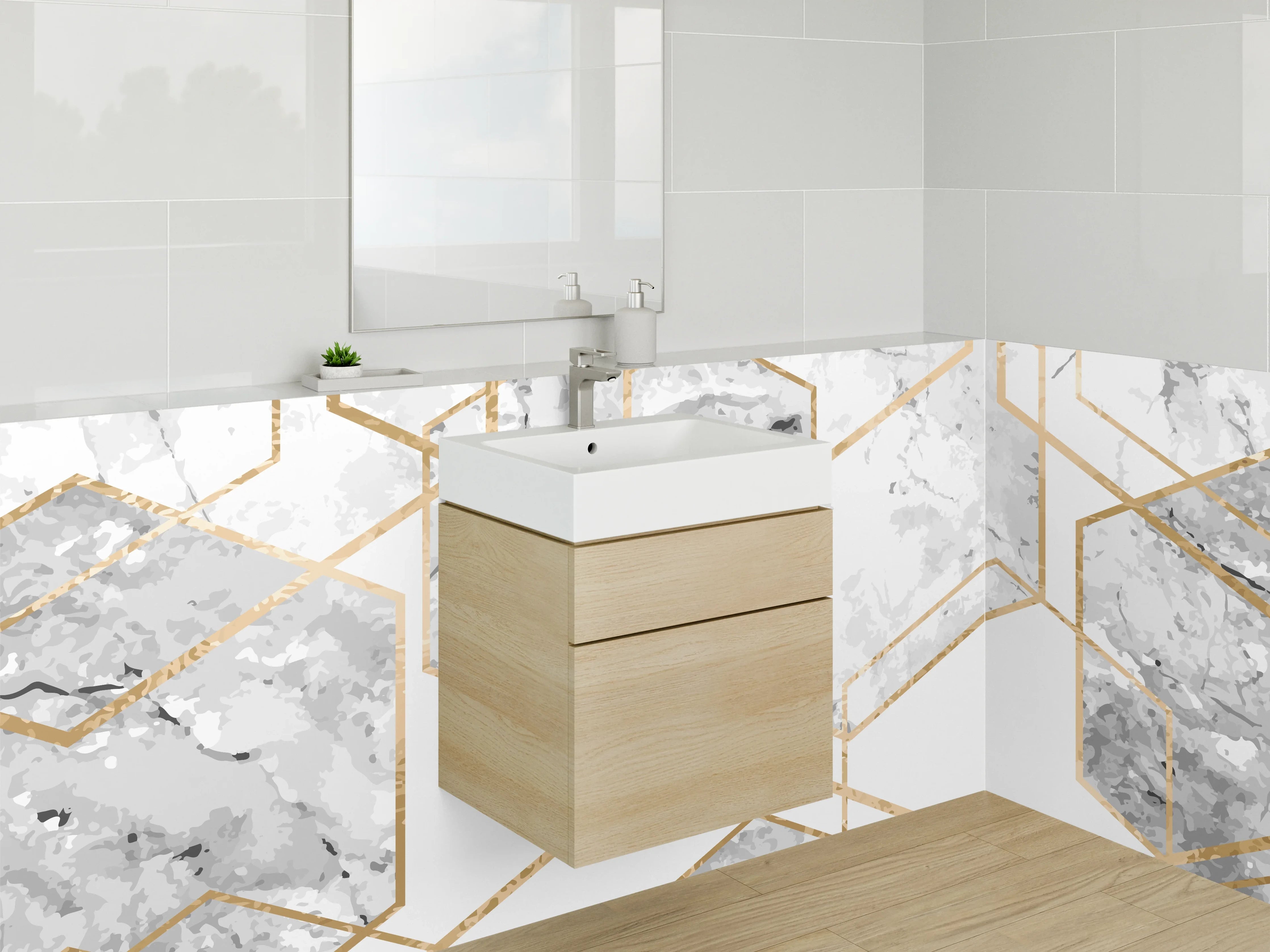 Waschbecken-Rückwand - Marmor Gold Hexagon Muster Weiß Grau