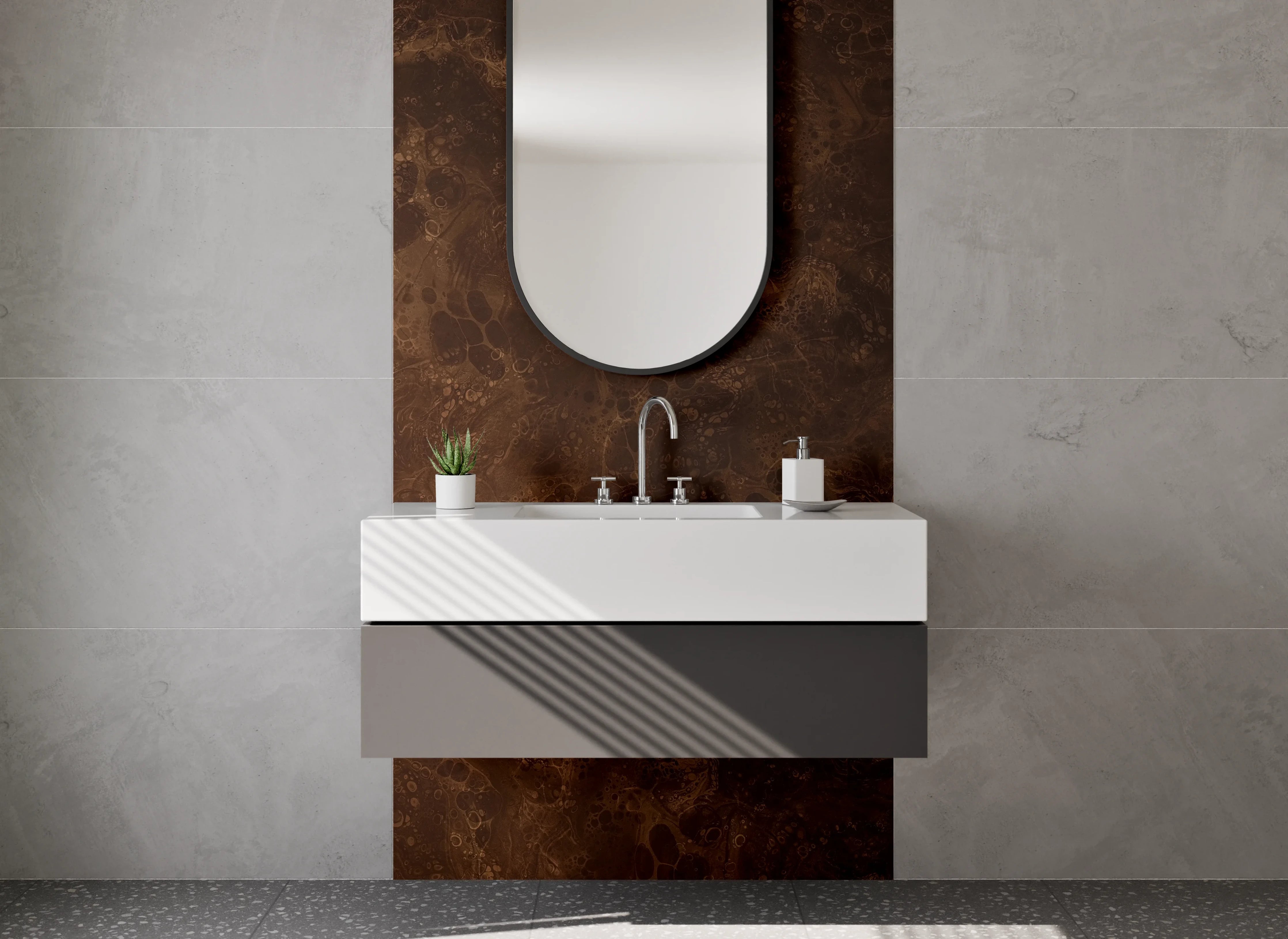 Waschbecken-Rückwand - Marmor-Look: Braun-Grau auf Weiß