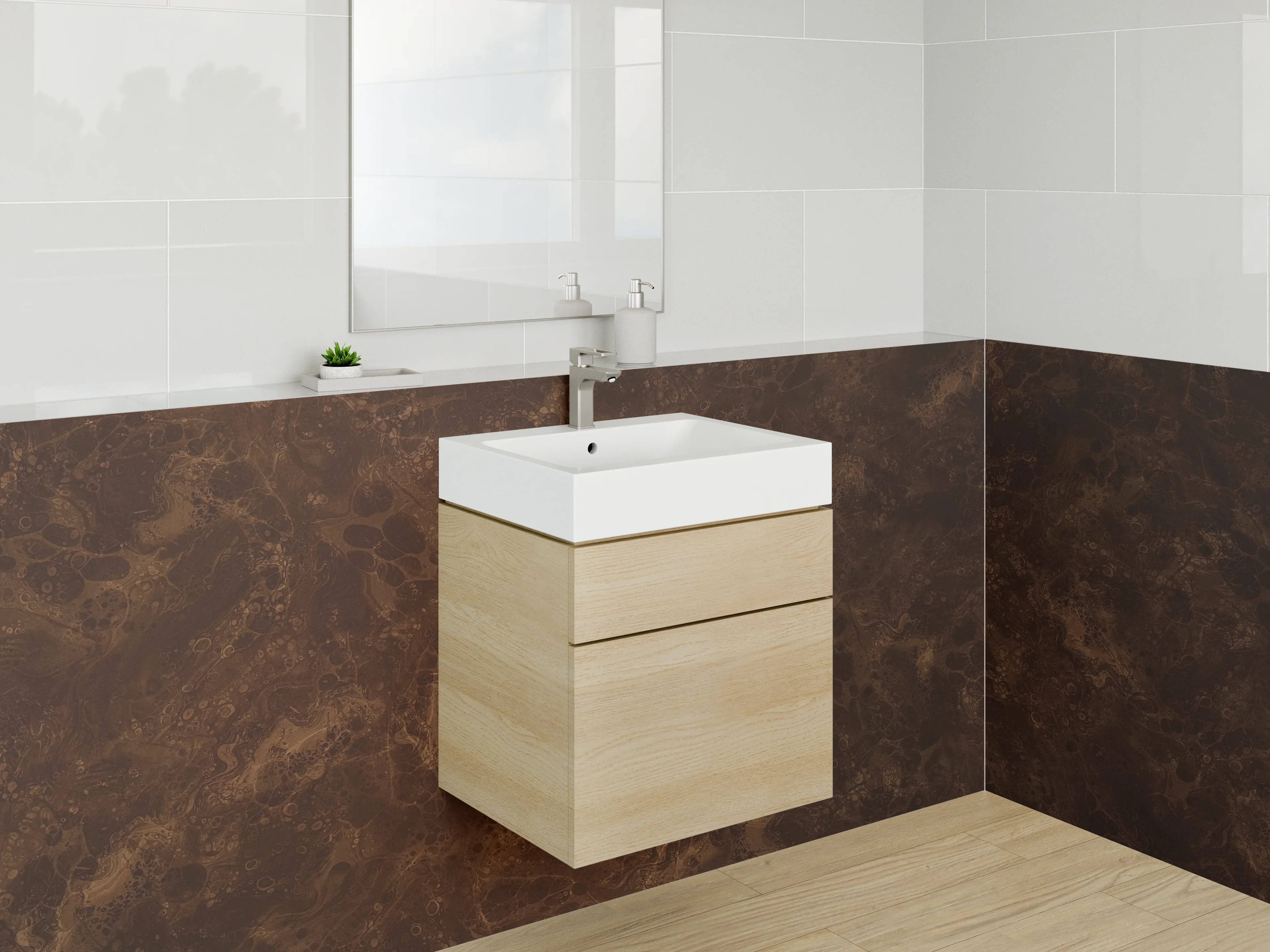 Waschbecken-Rückwand - Marmor-Look: Braun-Grau auf Weiß