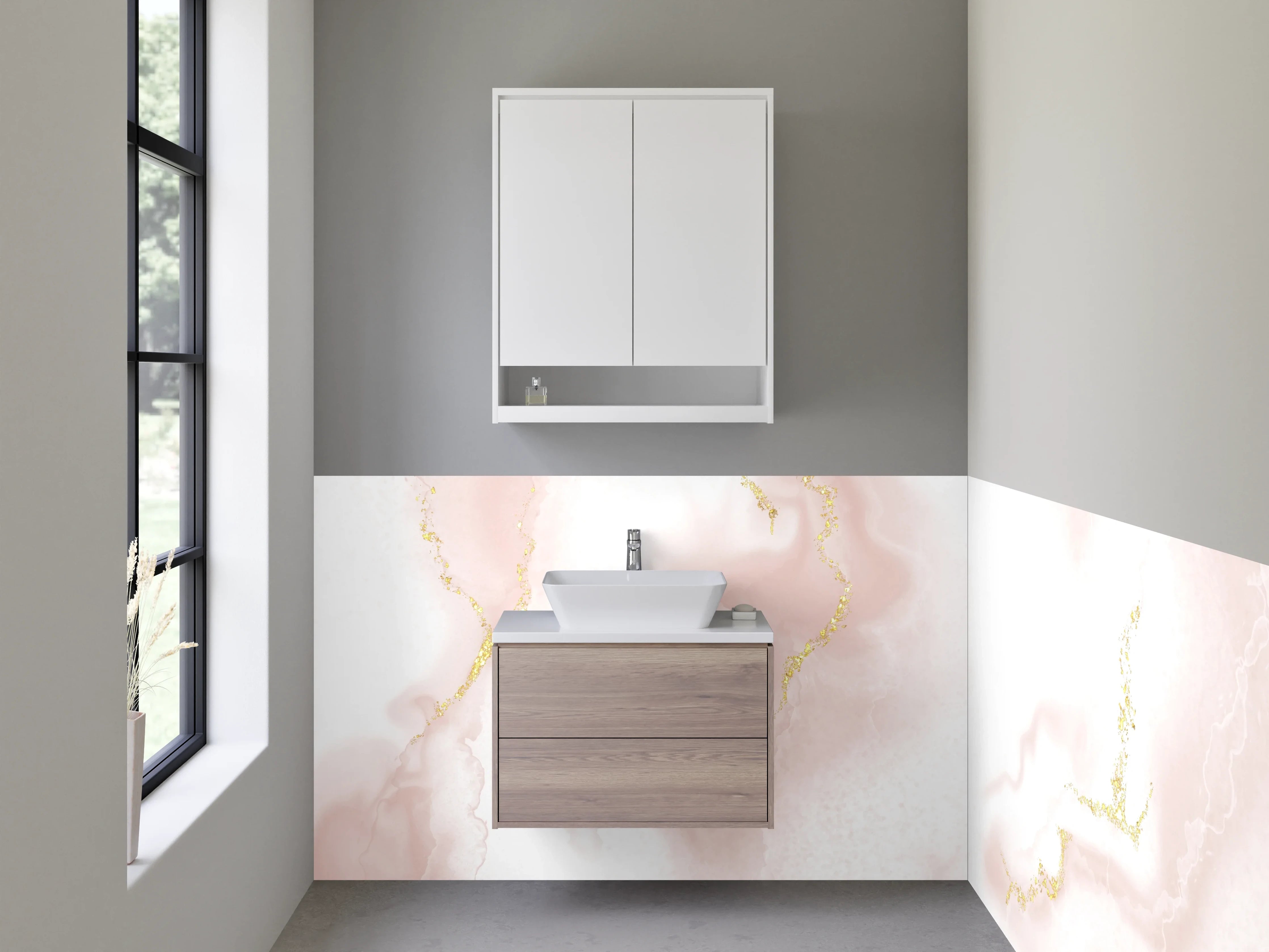 Waschbecken-Rückwand - Marmor Optik Rosa Weiß Gold Akzent