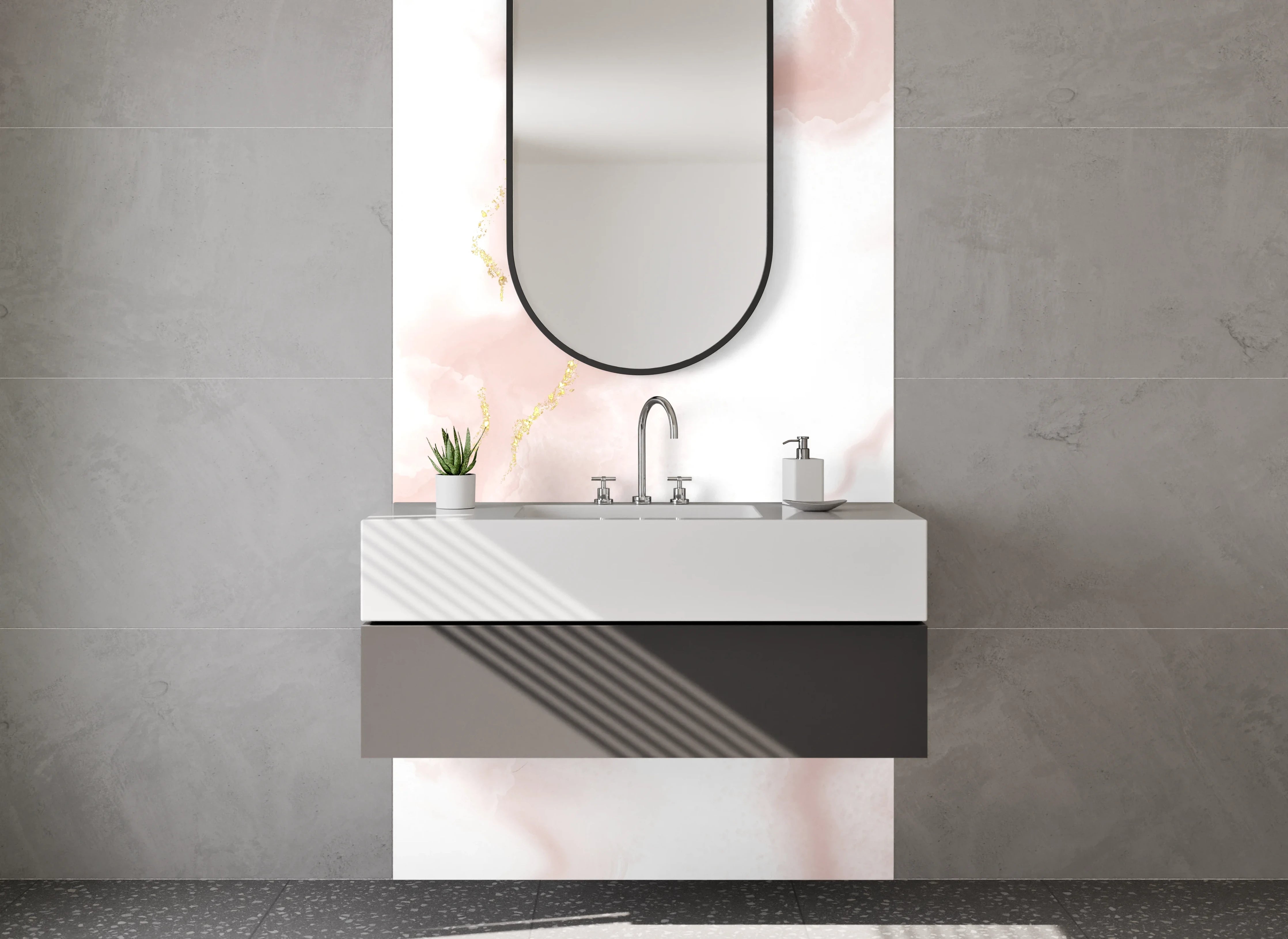 Waschbecken-Rückwand - Marmor Optik Rosa Weiß Gold Akzent